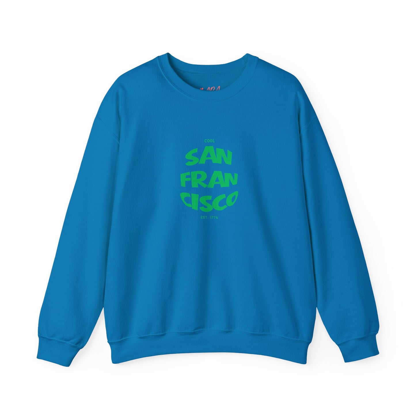 Blue sweatshirt with 'San Francisco' text on a white background