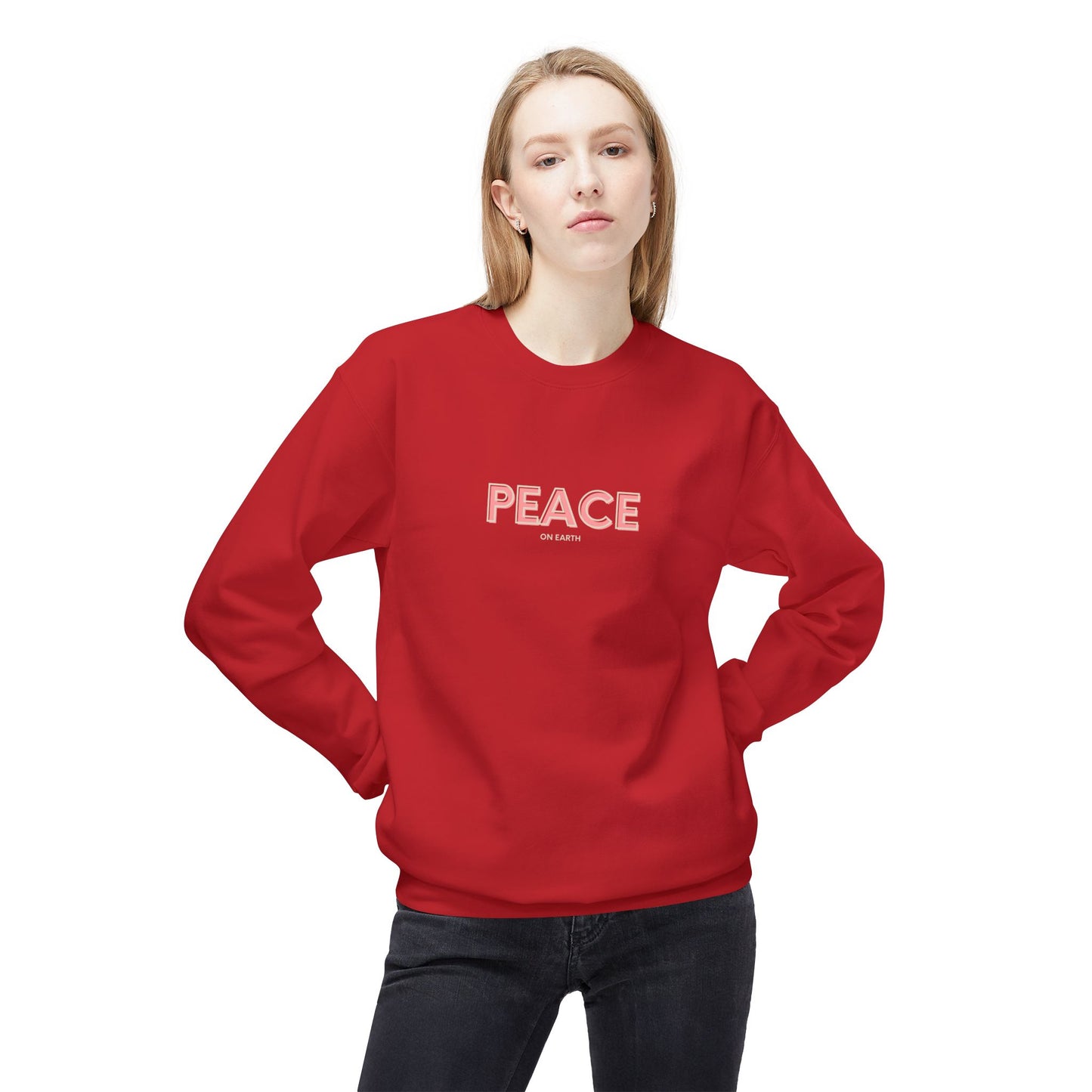 Person wearing a red sweatshirt with 'PEACE' printed on it against a white background