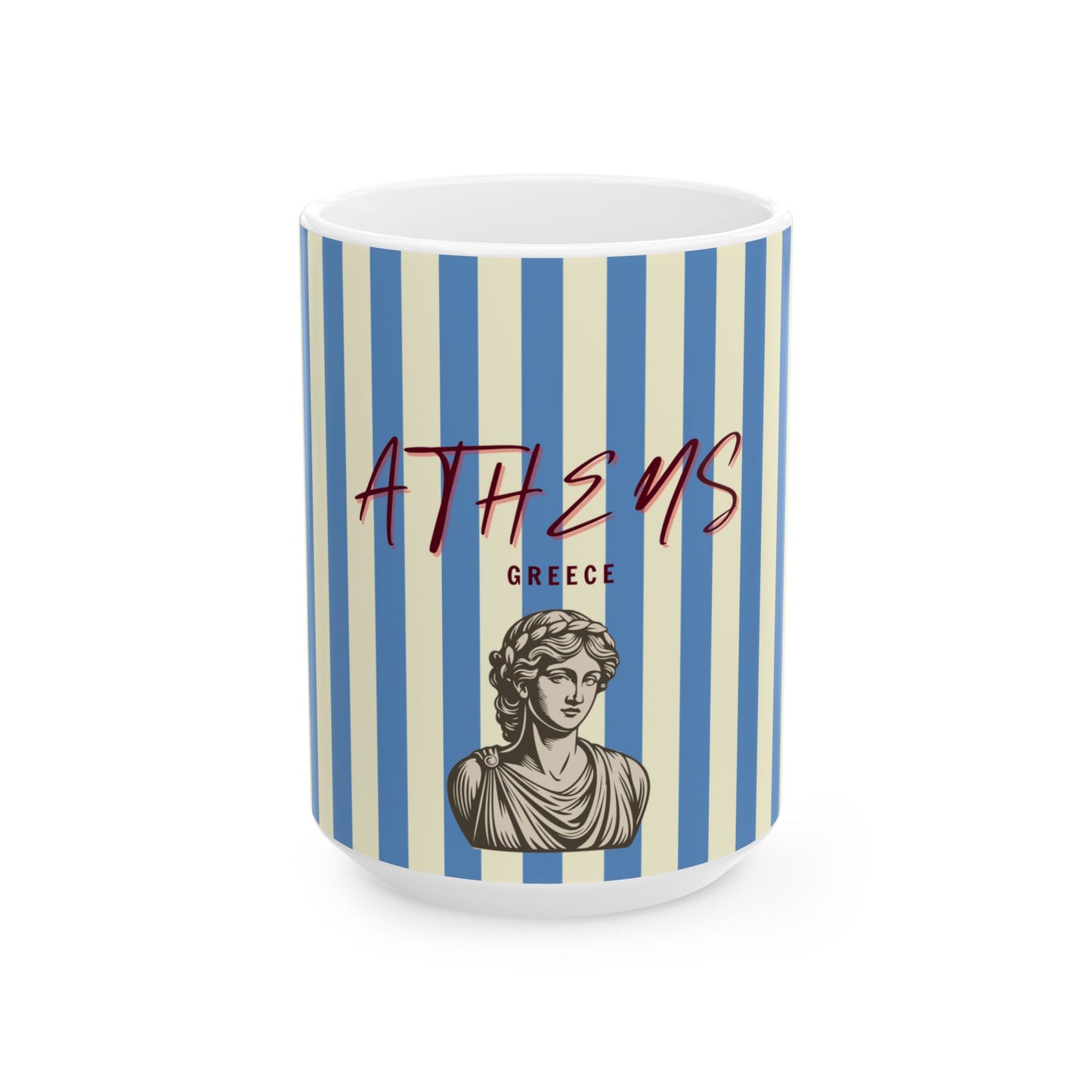 Mug with blue and white striped design featuring a classical bust and 'Athens Greece' text.