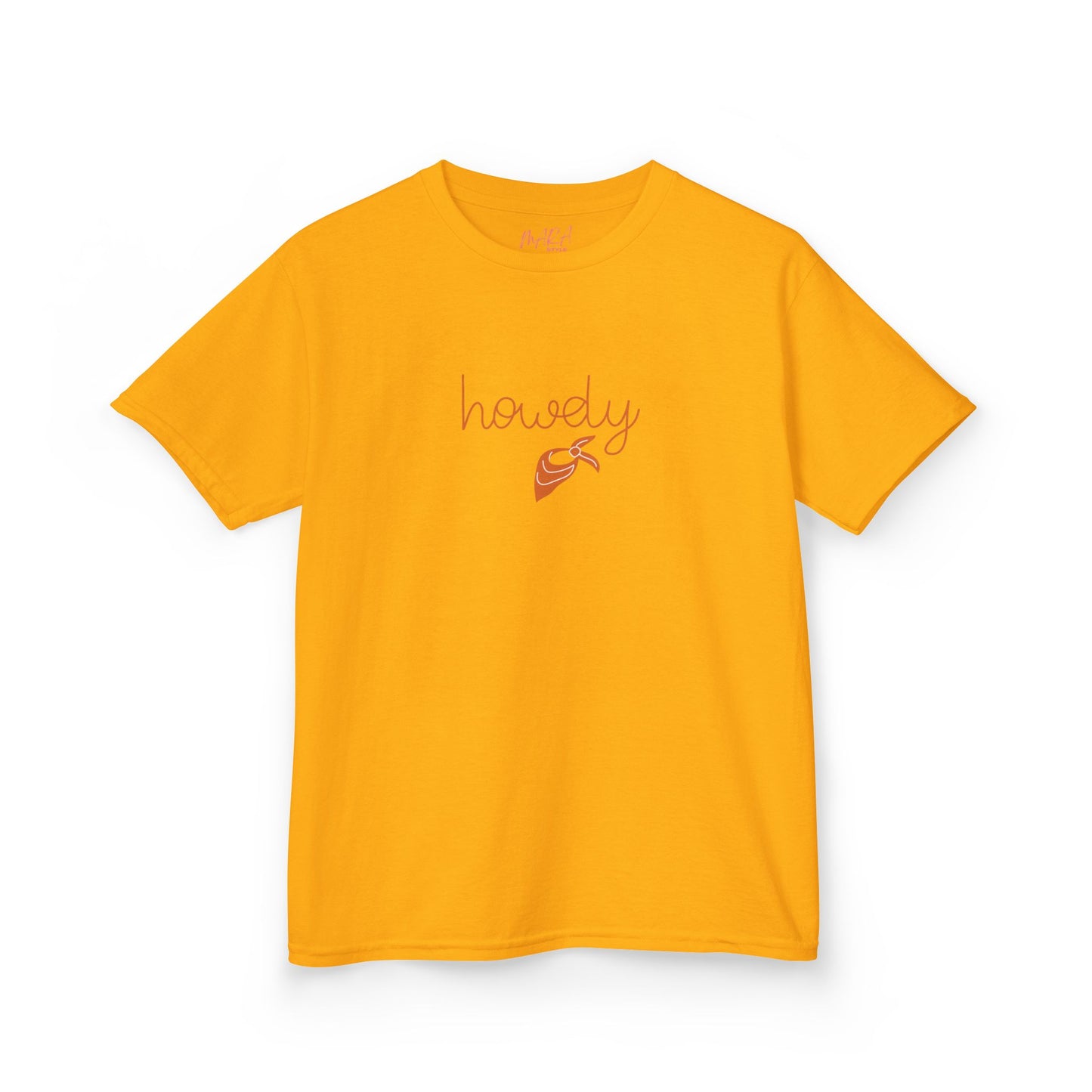 Yellow t-shirt with 'howdy' and bandana graphic on a white background