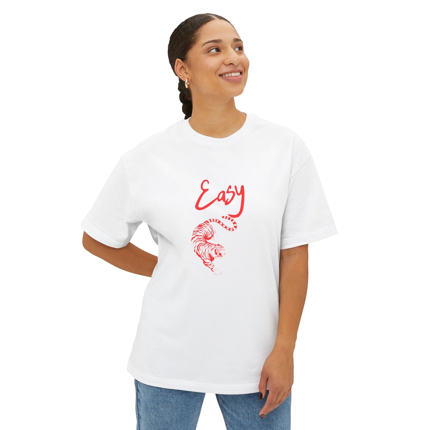 Person wearing a white EASY TIGER t-shirt with red text and graphics on a white background