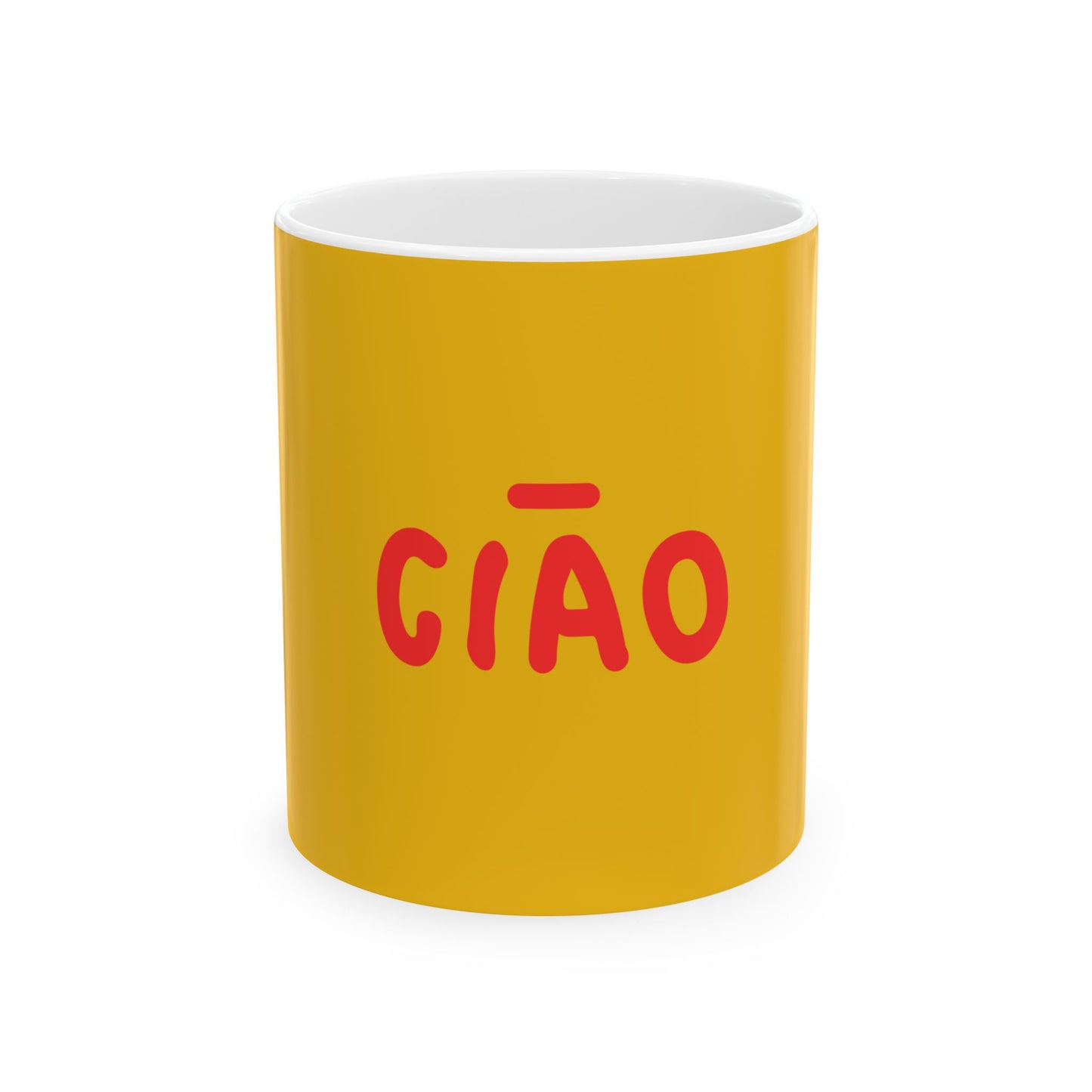 Yellow mug with red 'CIAÓ' text on a white background