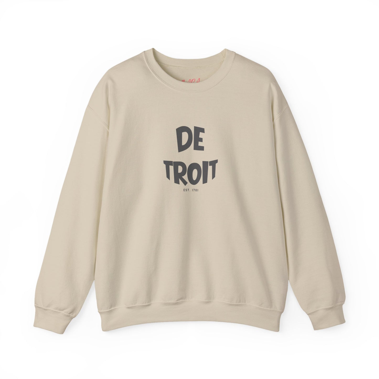 Beige sweatshirt with 'DETROIT' text on a white background
