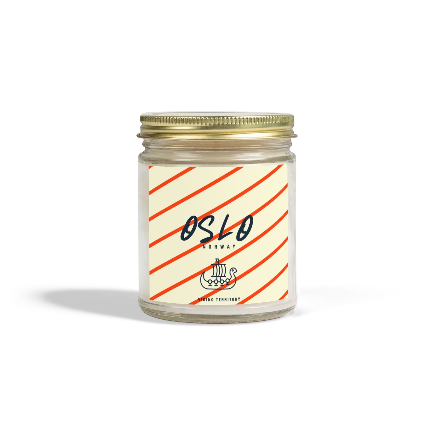 Candle jar with 'Oslo Norway' label on a white background