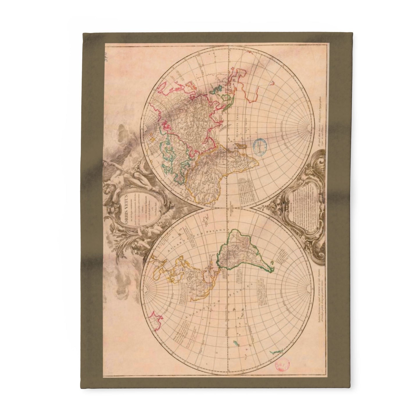 Vintage-style world map Blanket with decorative elements on a white background