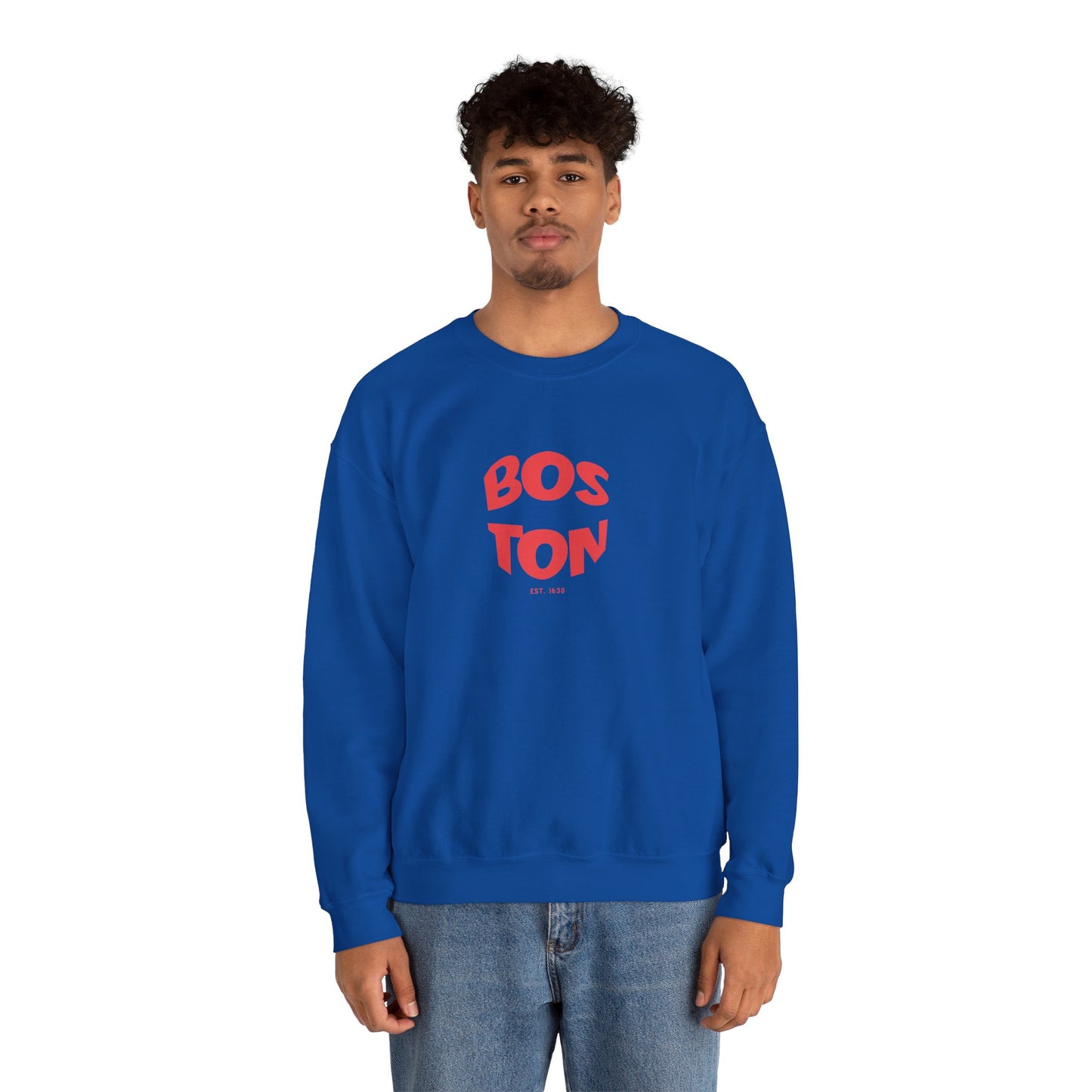 Person wearing a blue sweatshirt with 'BOSTON' printed in red on a white background