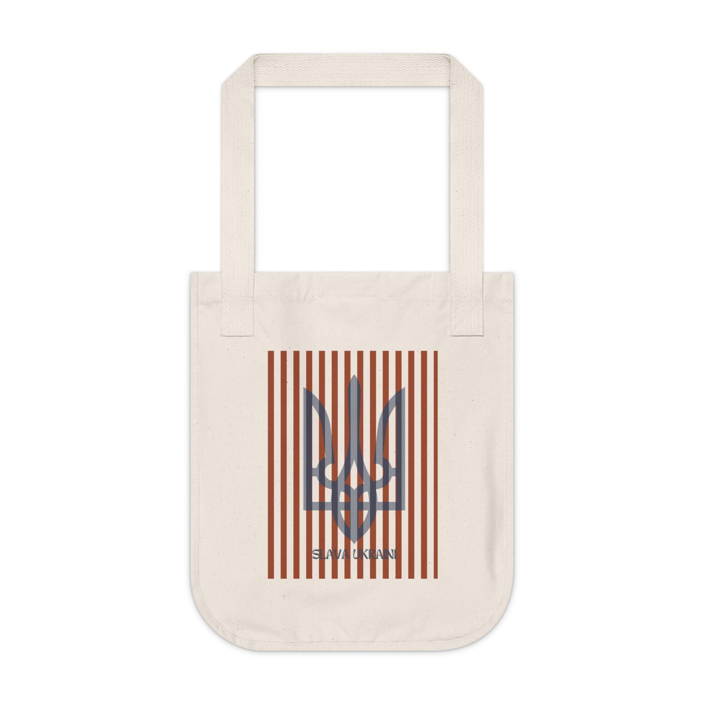 Beige tote bag with a Ukrainian emblem and Slava Ukraini on a white background
