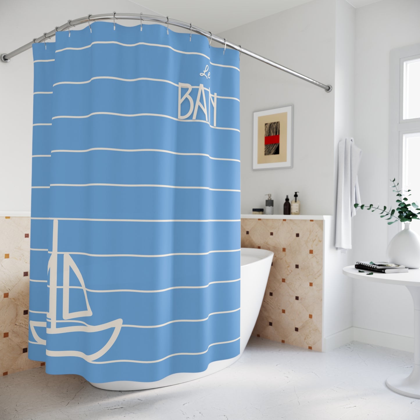 Blue shower curtain with white stripes and sailboat design in a bathroom.