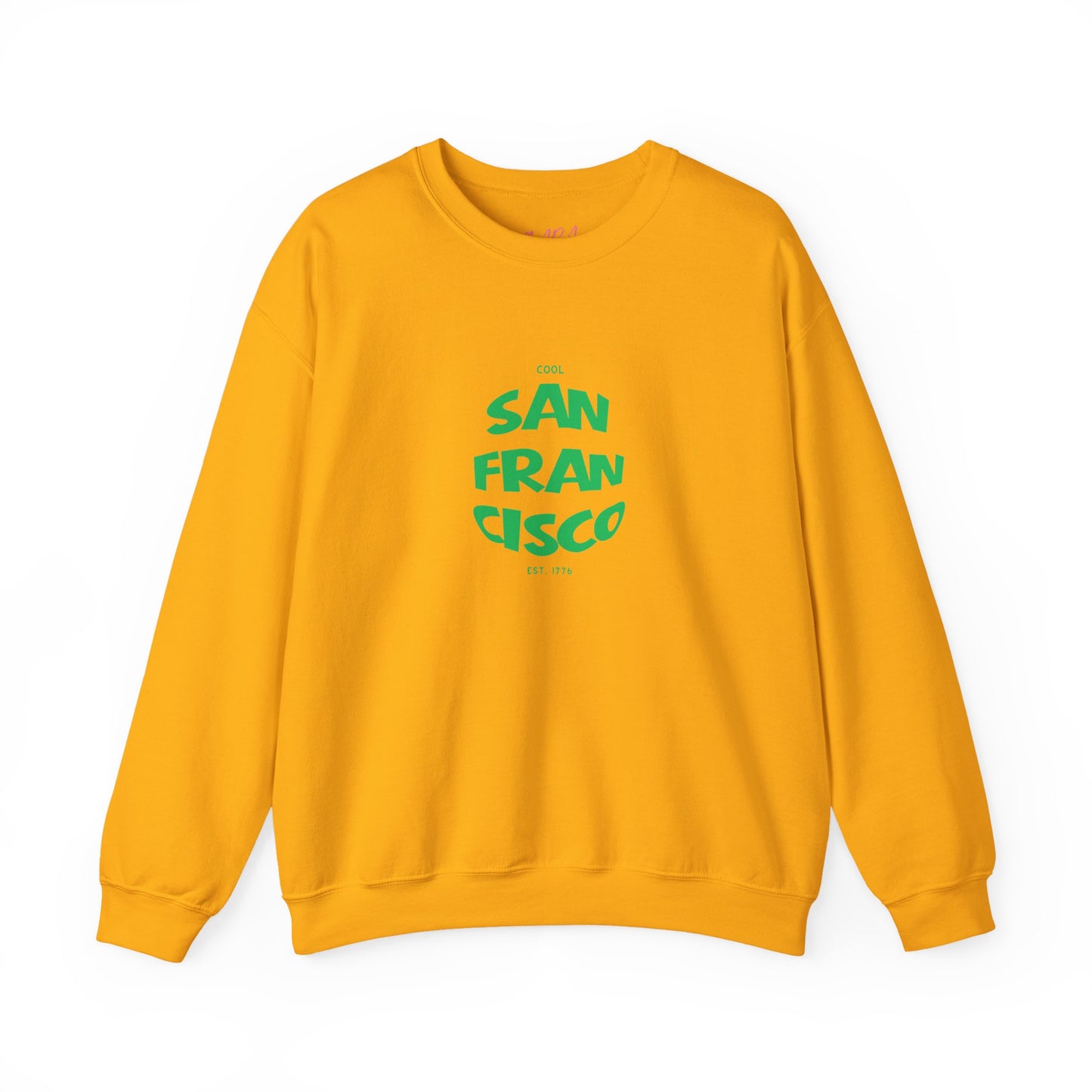 Yellow sweatshirt with 'San Francisco' text in green on a white background