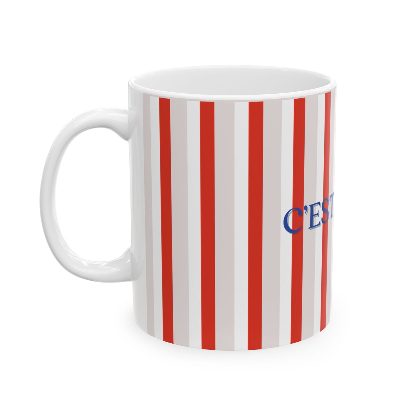 Mug with red and white striped pattern and blue text on a white background