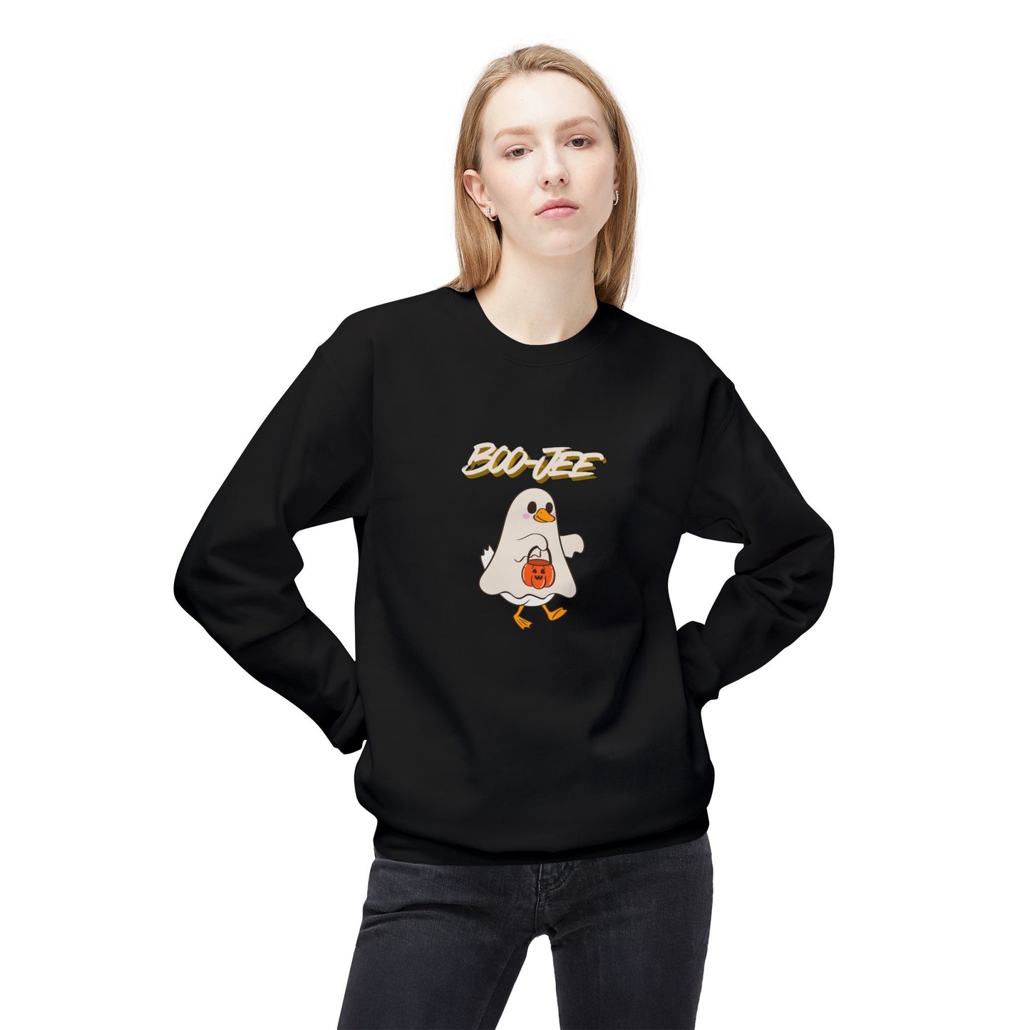 Person wearing a black sweatshirt with a ghost graphic and 'BOO-TEE' text on a white background
