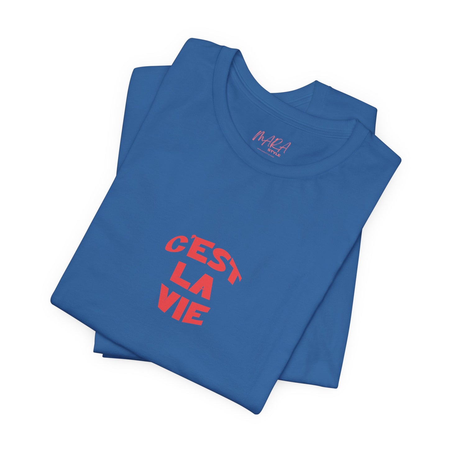 Blue t-shirt with 'Cést La Vie' text on a white background