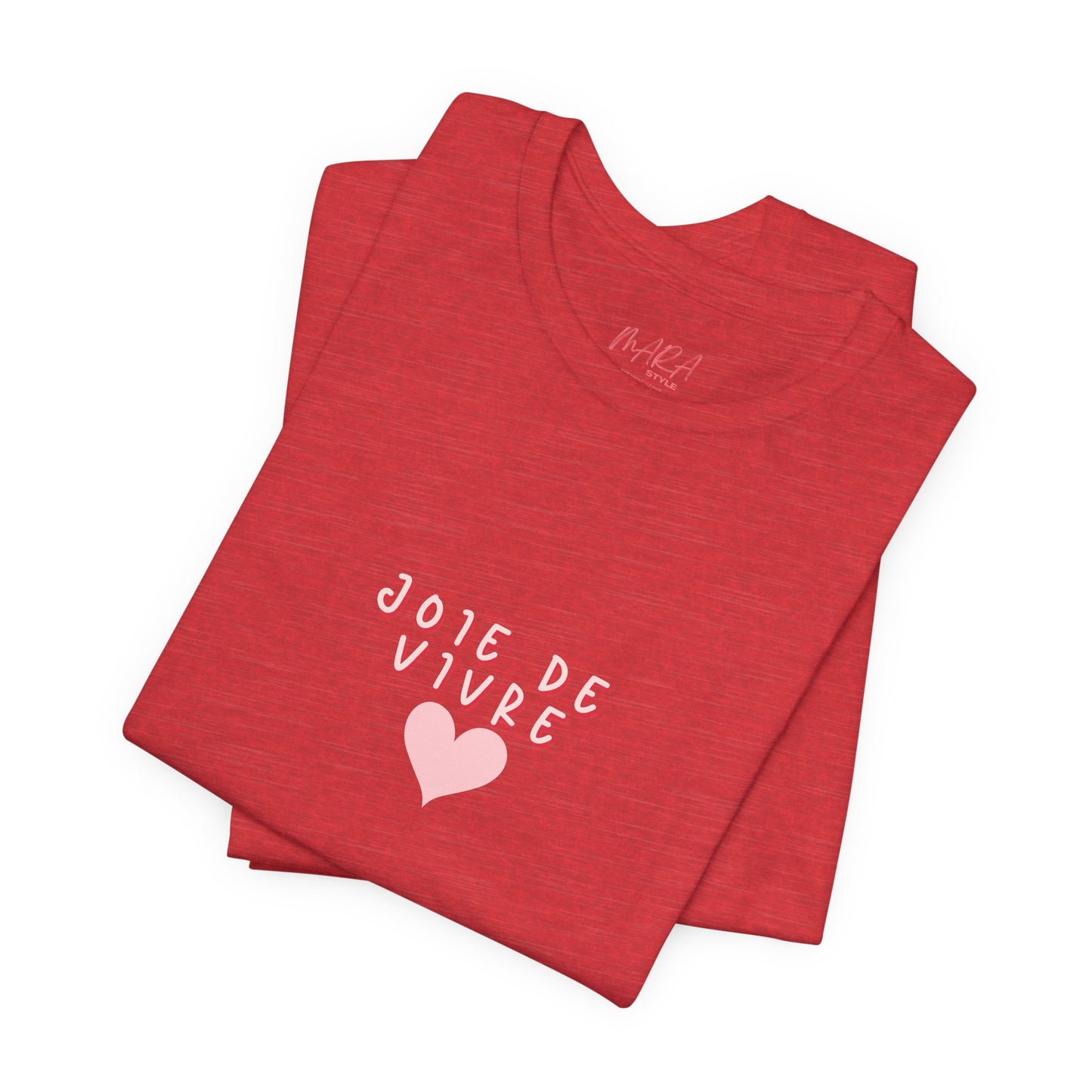 Stack of red t-shirts with 'J'ole de Vivre' text and heart design on a white background