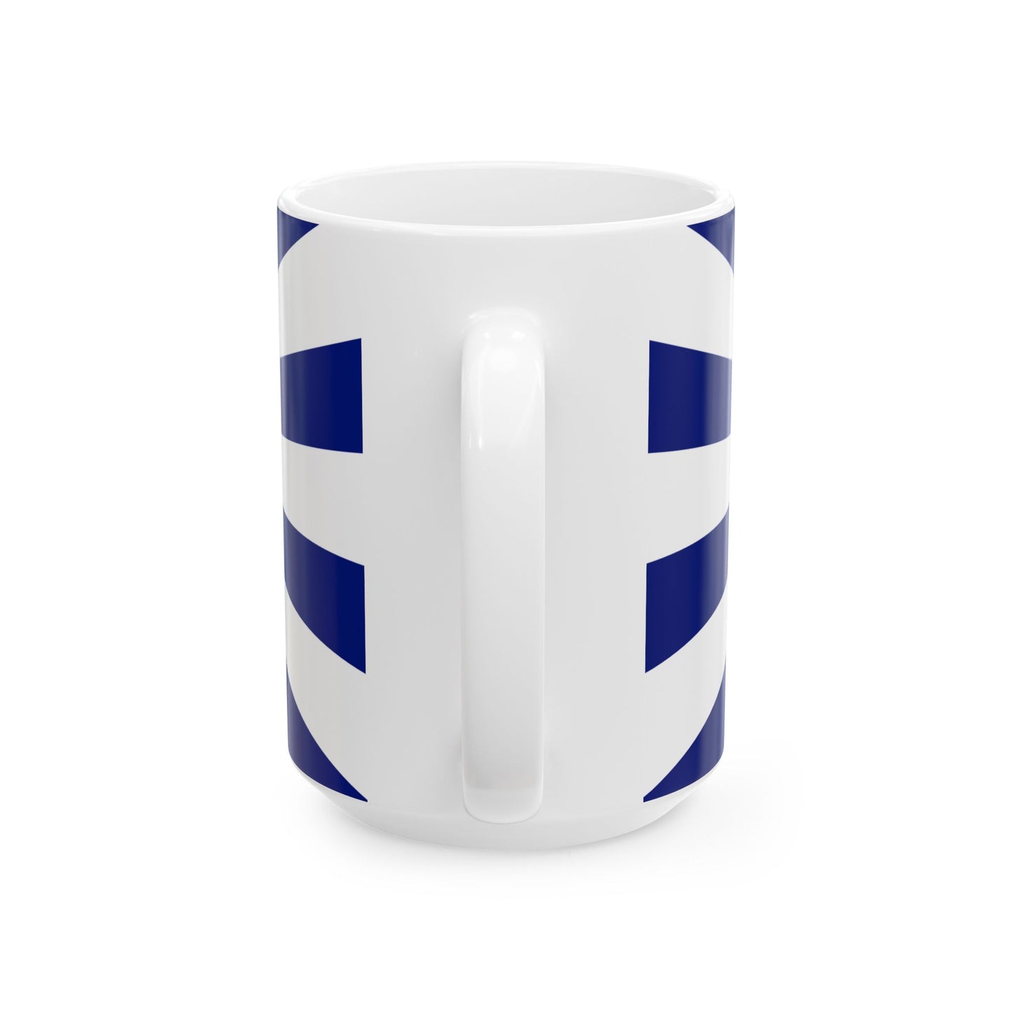 White mug with blue geometric pattern on a white background