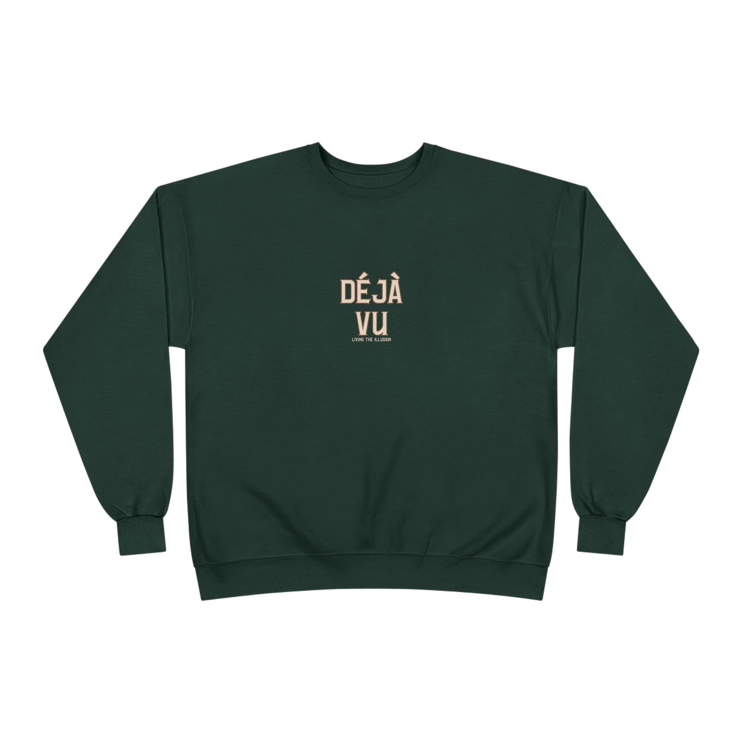 Green sweatshirt with 'Déj Vu' text on a white background