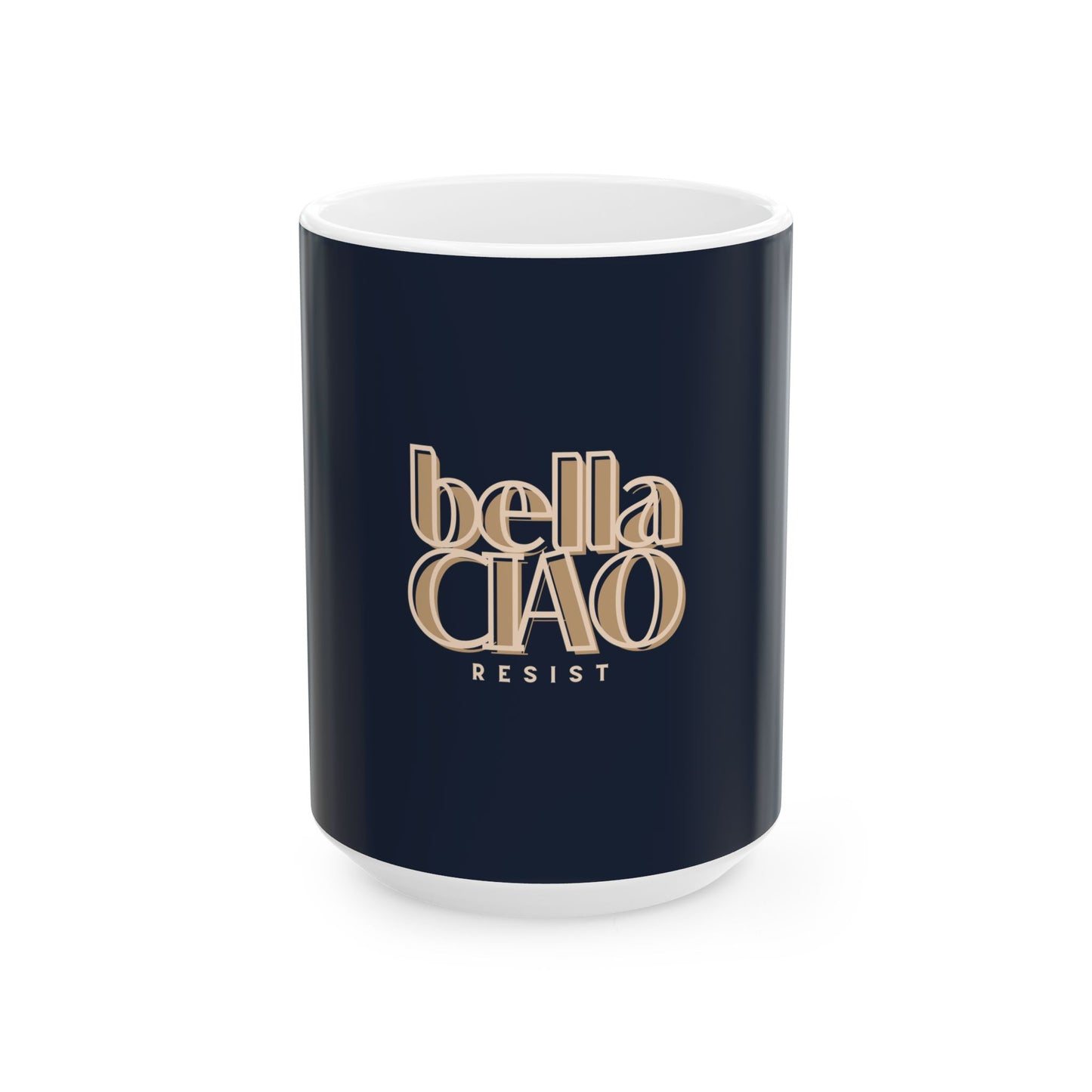 Navy mug with 'bella CIAO RESIST' text on a white background