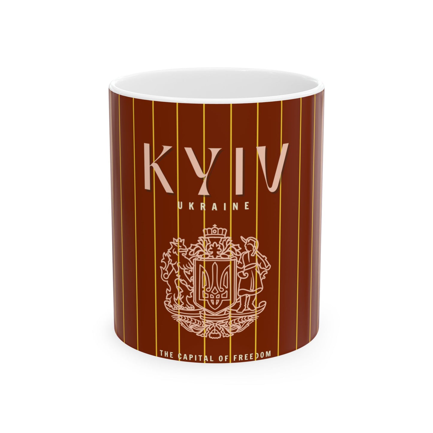 Mug with 'KYIV' and coat of arms design on a brown striped background