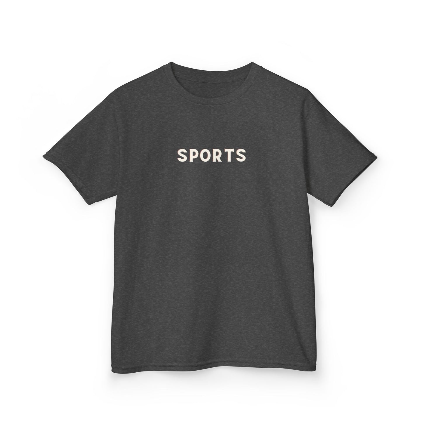 Black t-shirt with 'SPORTS' printed on it against a white background