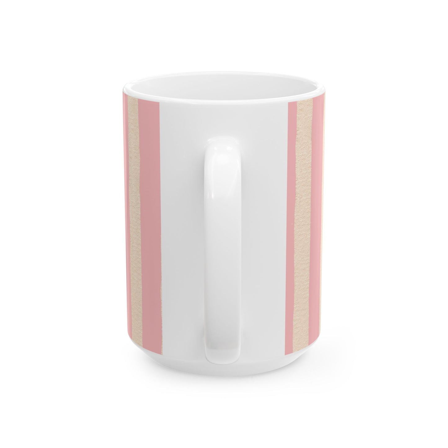 White mug with pink stripes on a white background