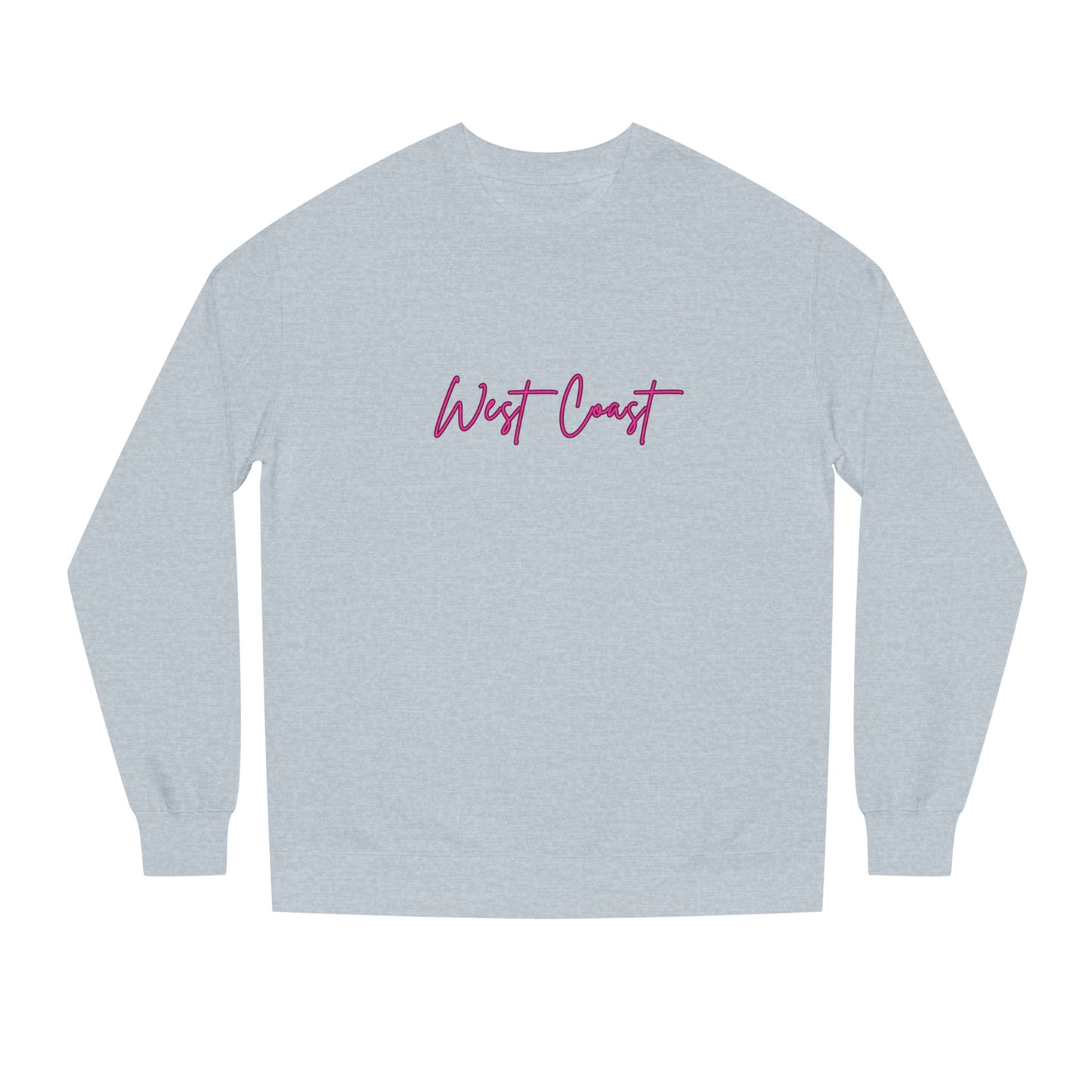 Gray long-sleeve shirt with 'West Coast' text in pink on a white background