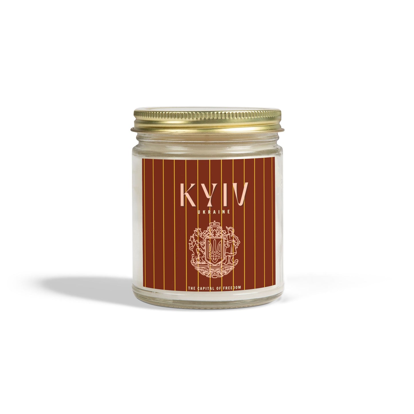 Candle jar with a brown label featuring 'KYIV' and a logo on a white background