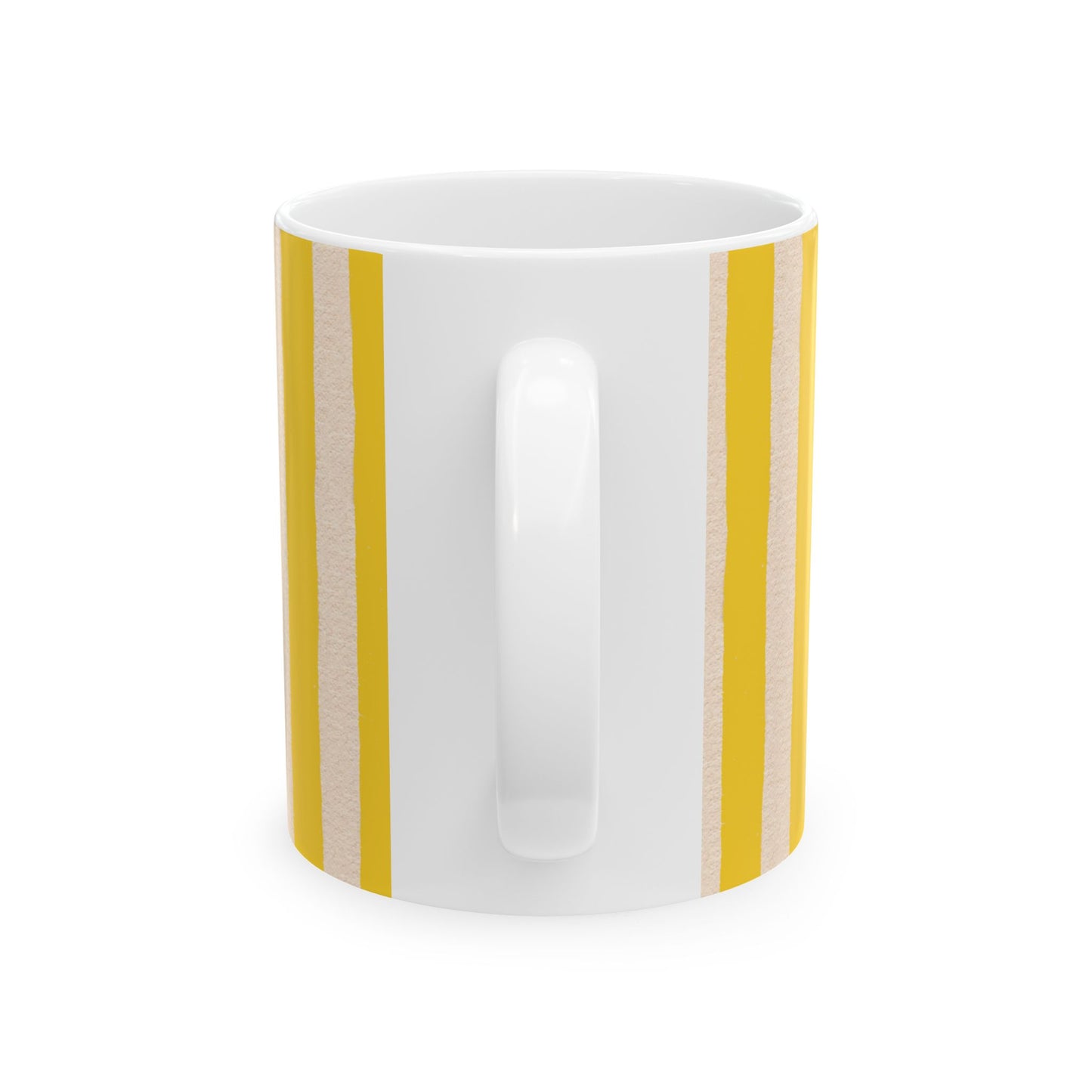 White mug with yellow stripes on a white background