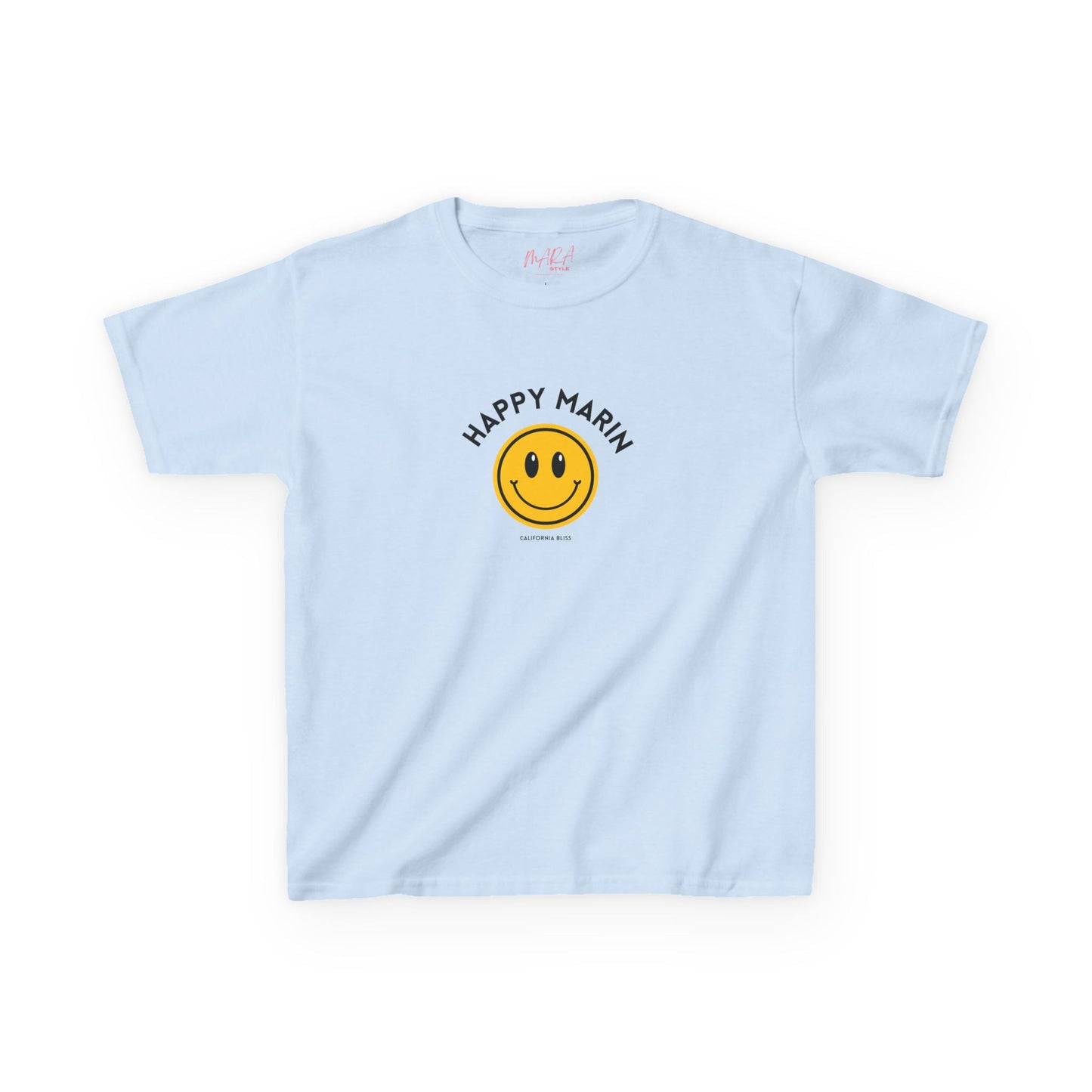 Light blue t-shirt with a smiley face and 'Happy Marin' text on a white background
