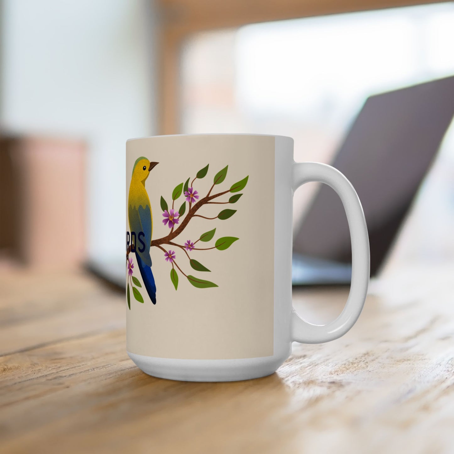 Couples Ceramic Mug — 'Lovebirds: Happy Together' Floral Bird Coffee Cup (11oz/15oz)