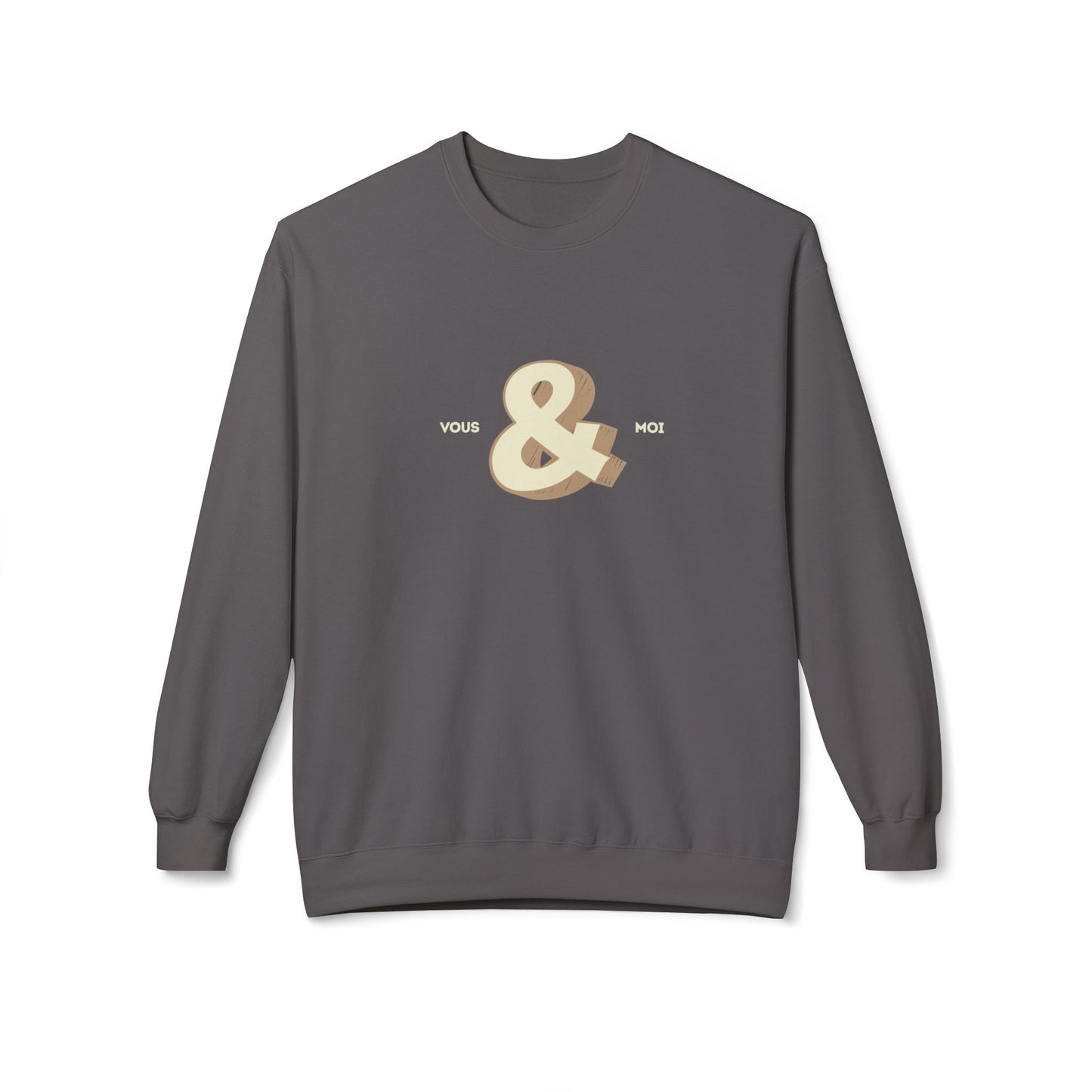 Gray couples sweatshirt with a gold ampersand and text on a white background