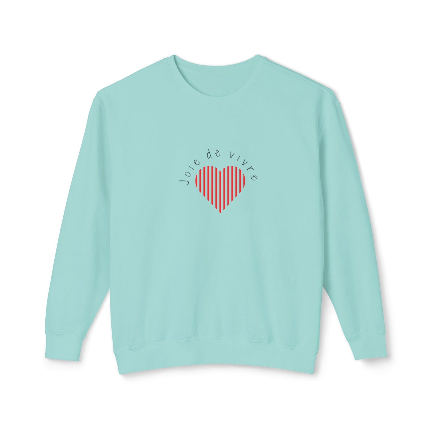 Light blue sweatshirt with a red heart and Joie de Vivre on a white background