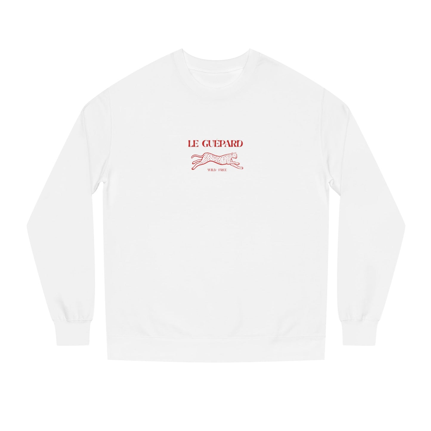 White sweatshirt with red logo and text on a white background