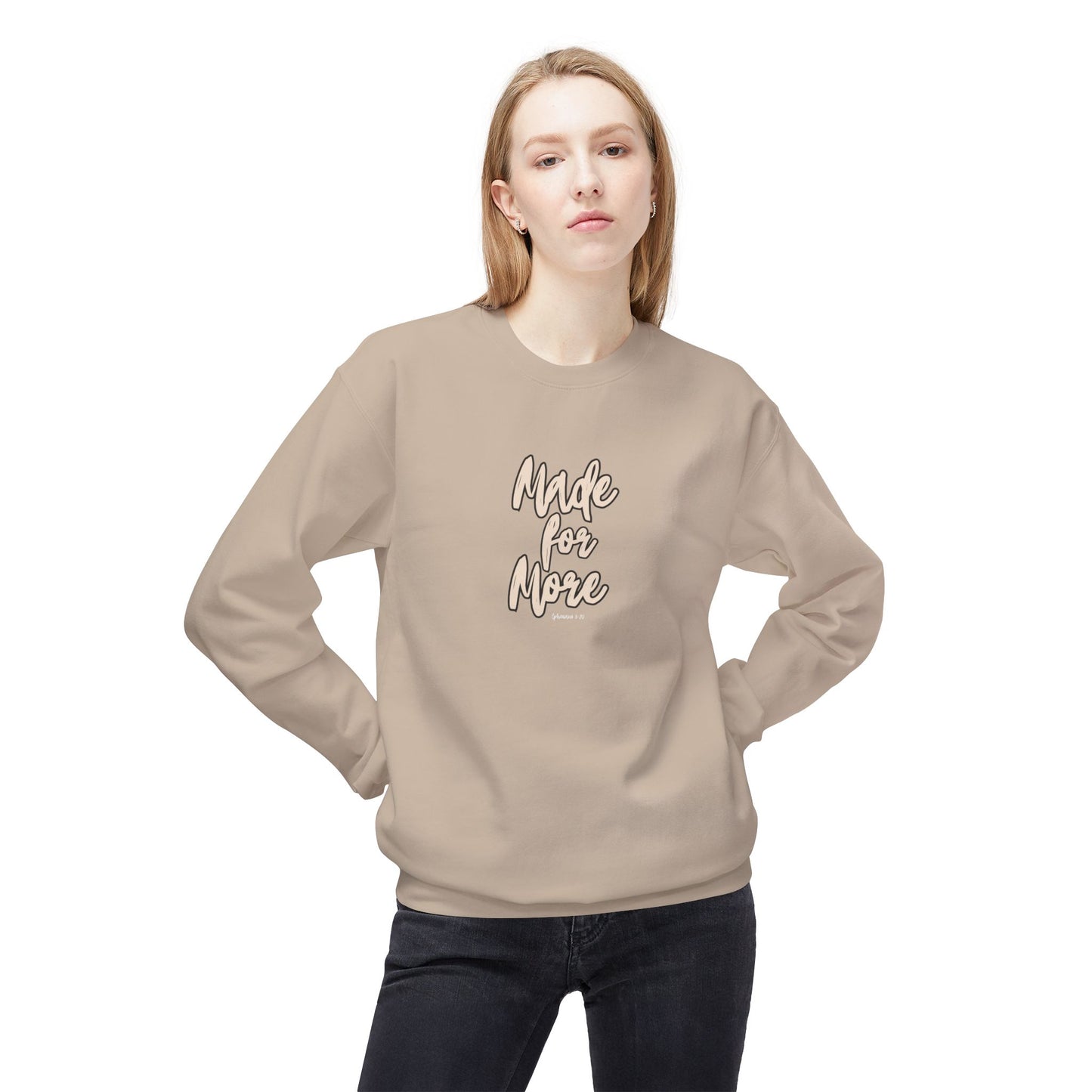 Person wearing a beige sweatshirt with 'Made for More' text on a white background