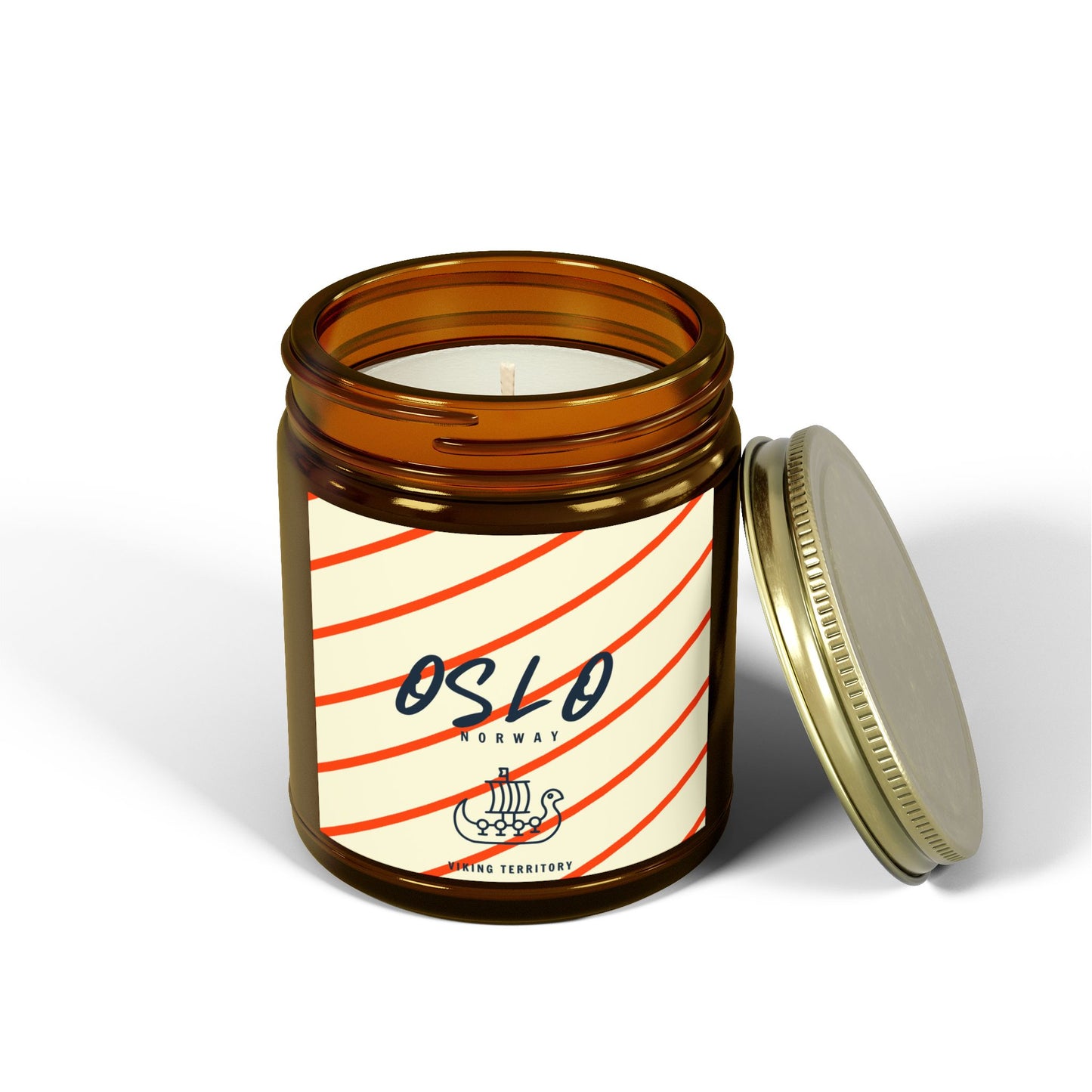 Candle in a brown jar with a white label featuring the word 'Oslo' on a white background