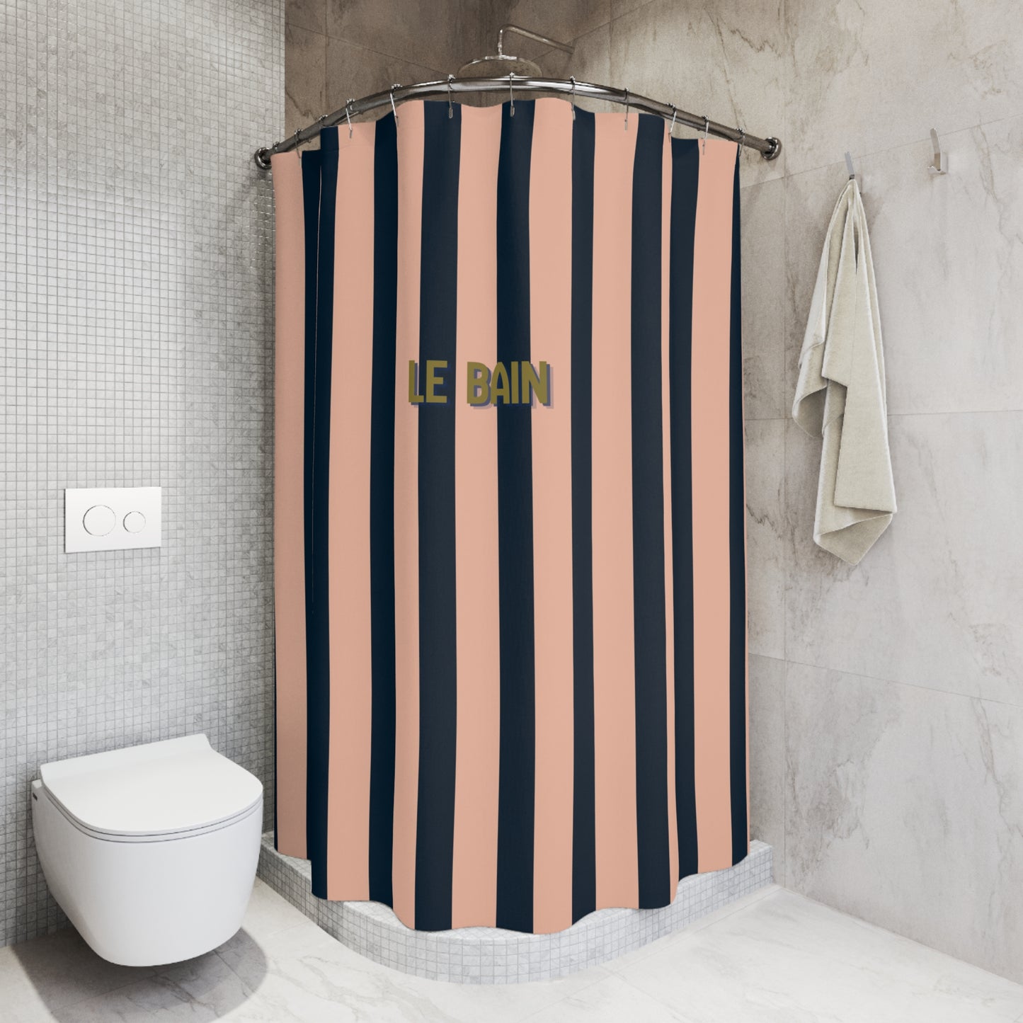 Le Bain Striped Shower Curtain - Salmon Pink & Navy Bathroom Decor