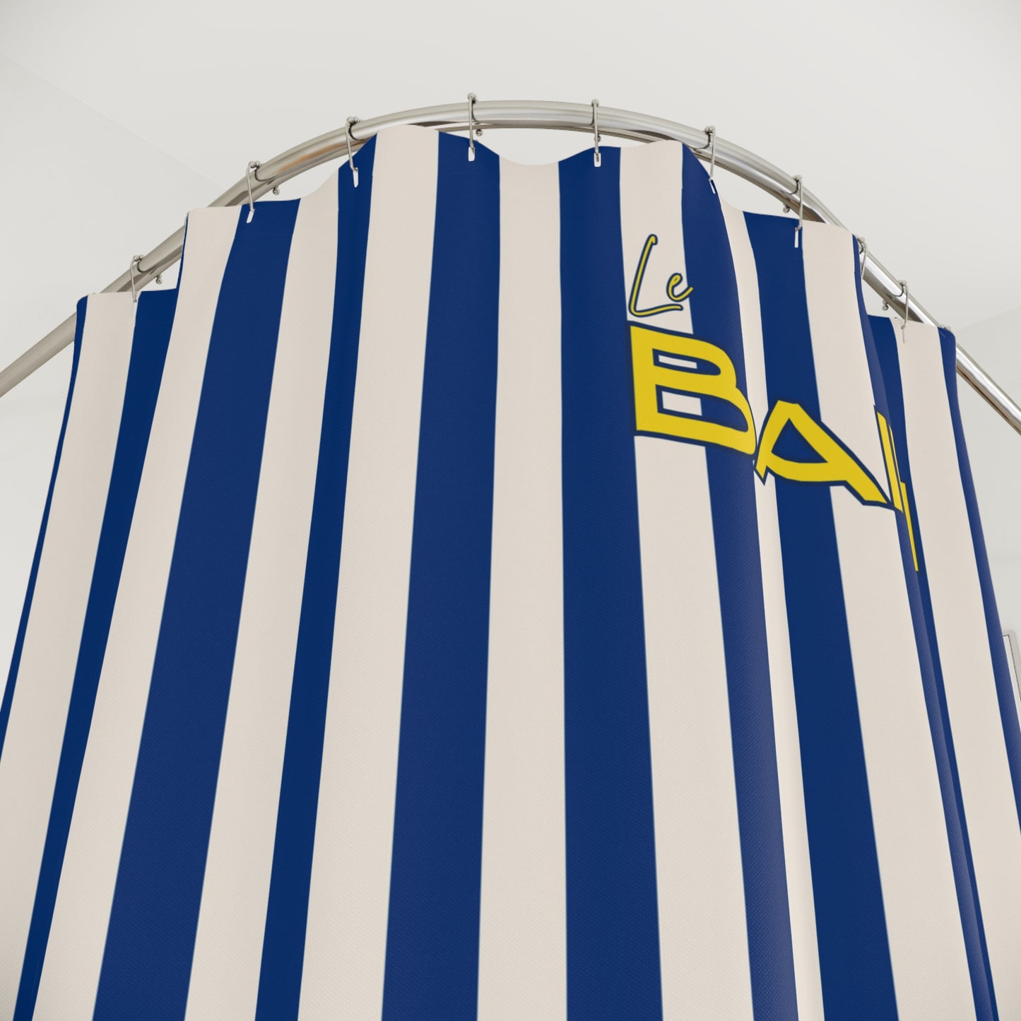 Striped Blue Shower Curtain with Cute Duck "Le Bain" — French Kids Bathroom Decor