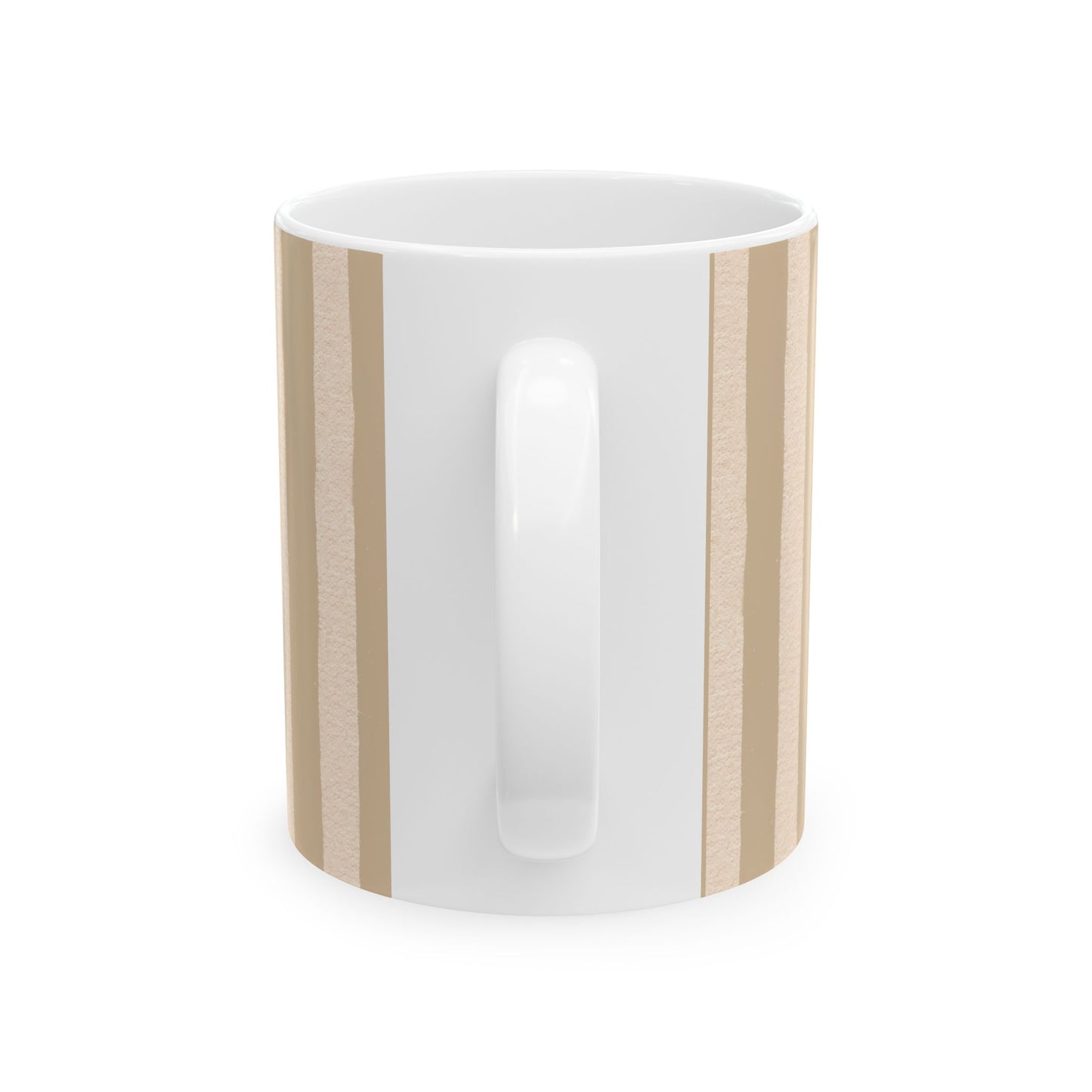 White mug with wooden accents on a white background