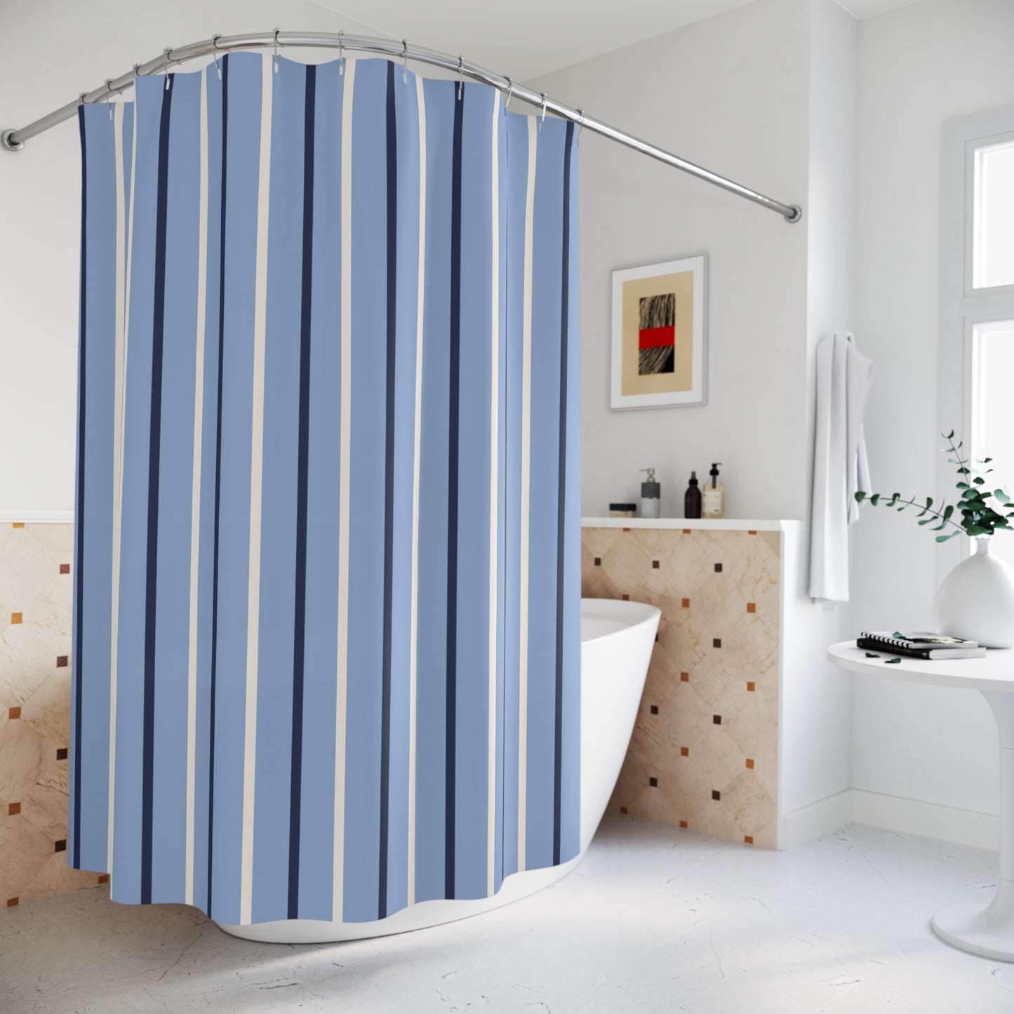 Blue and white striped shower curtain in a bathroom setting