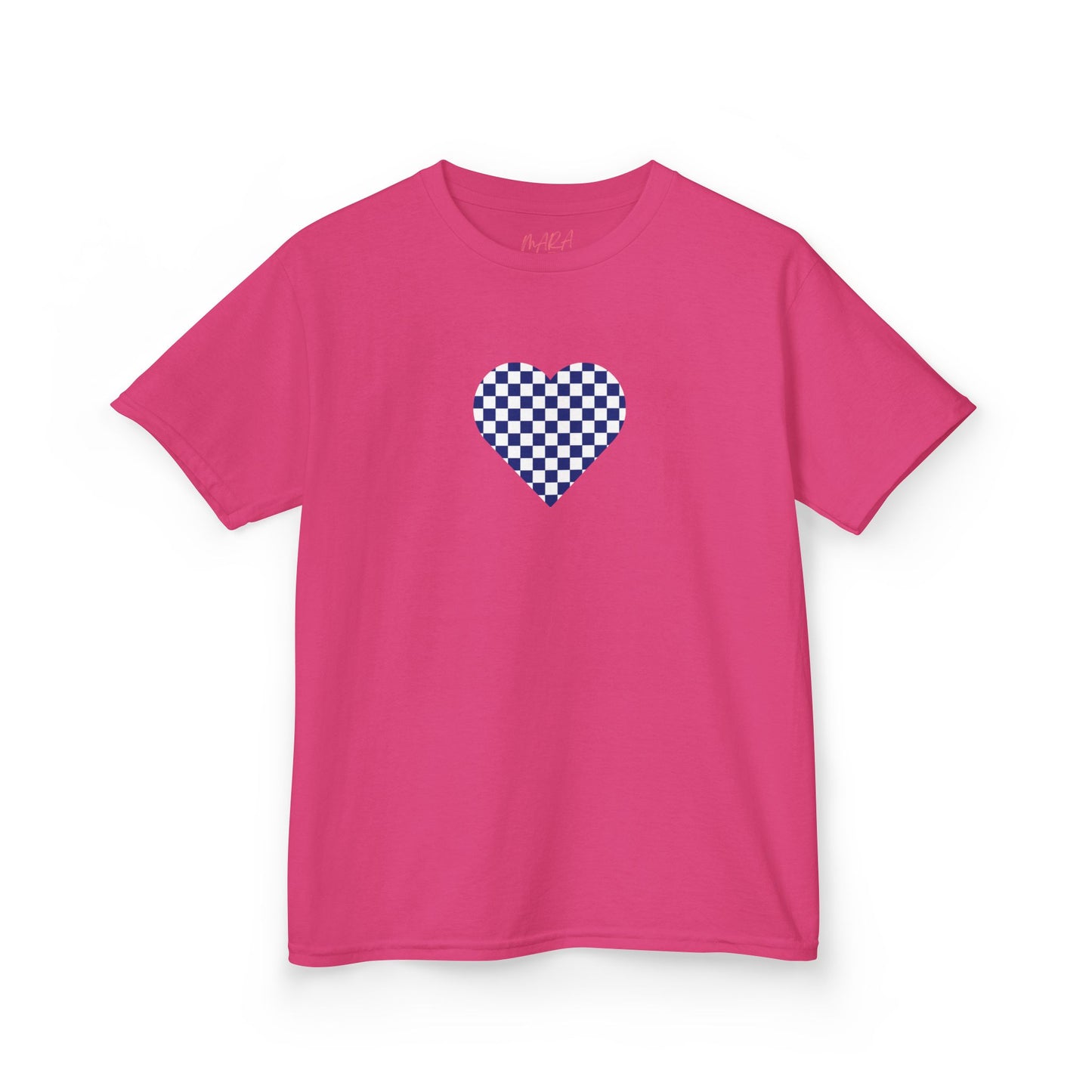 Pink t-shirt with a blue and white checkered heart design on a white background