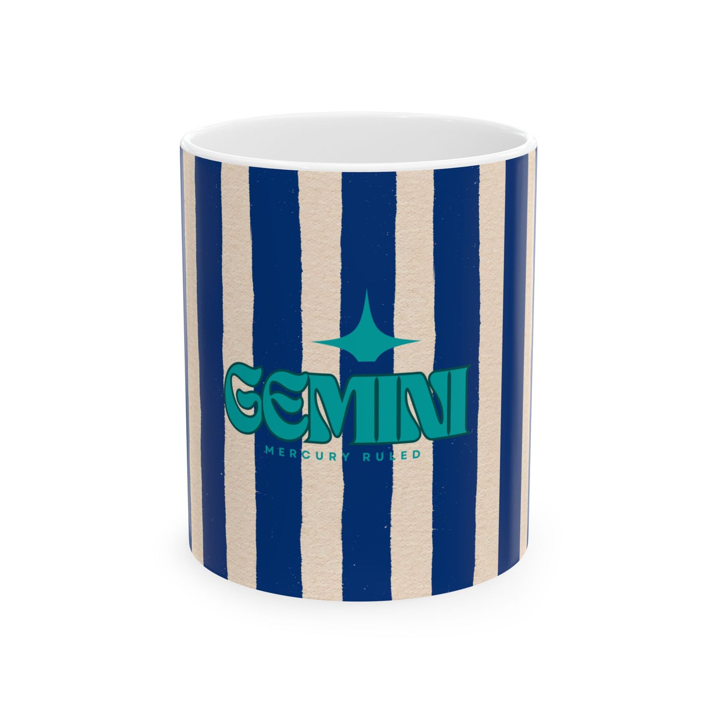 Striped mug with 'Gemini' branding on a white background