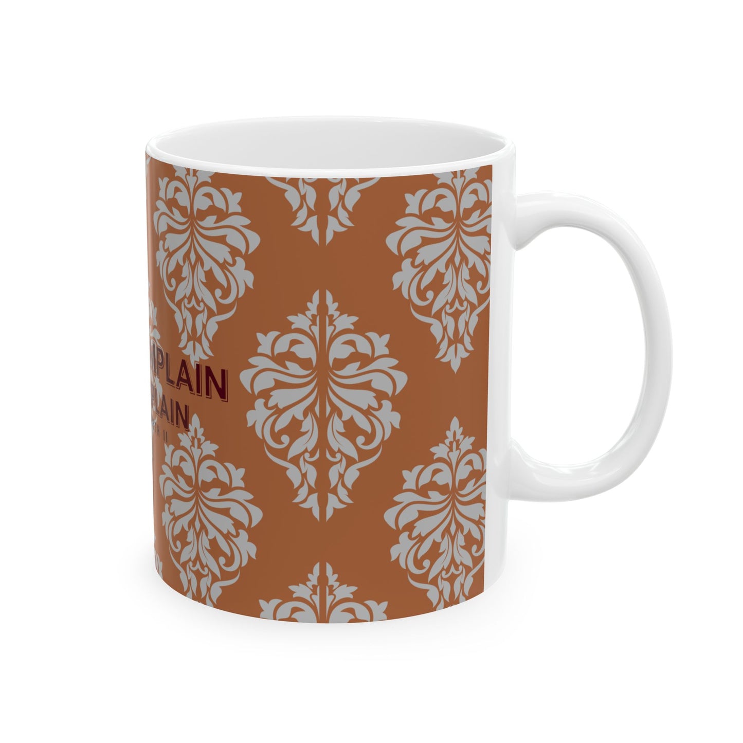White mug with brown and white floral pattern on a white background