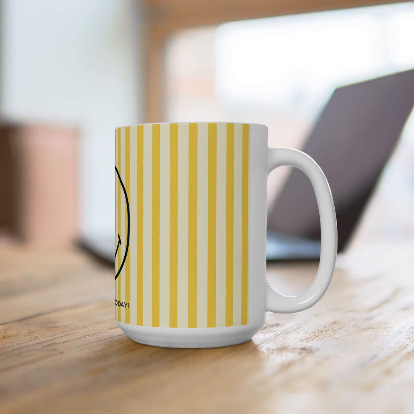 Smiley Face YELLOW Stripe Ceramic Mug – "Have a Good Day" Coffee Cup
