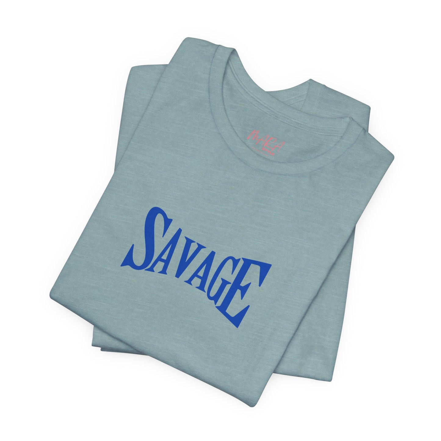 Folded light blue t-shirt with 'SAVAGE' printed in blue on a white background