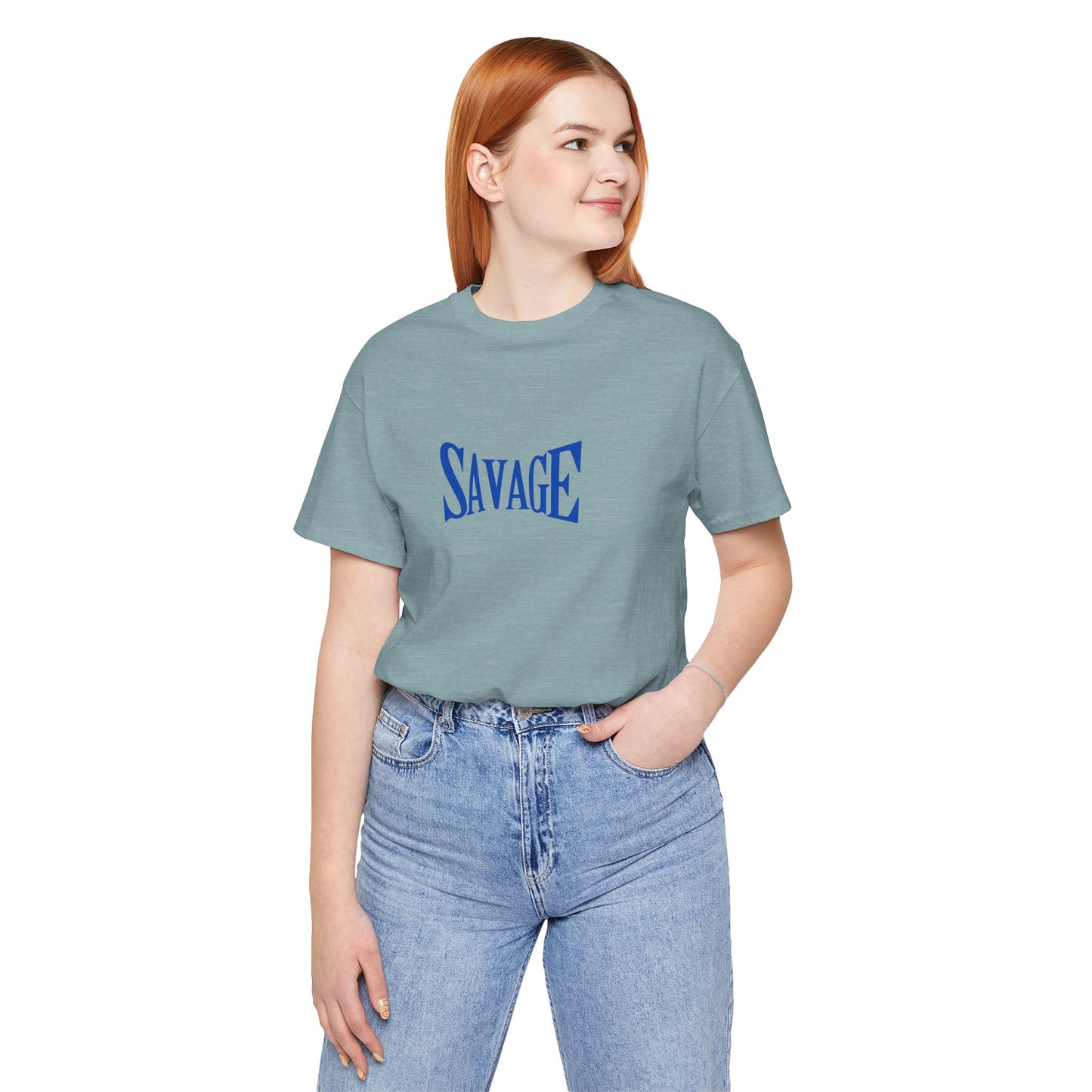 Person wearing a light blue t-shirt with 'SAVAGE' printed in blue on a white background