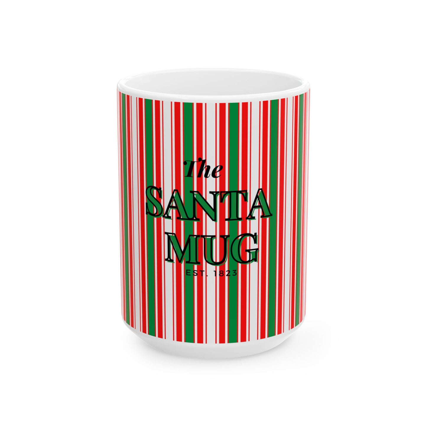 Striped mug with 'The Santa Mug' text on a white background