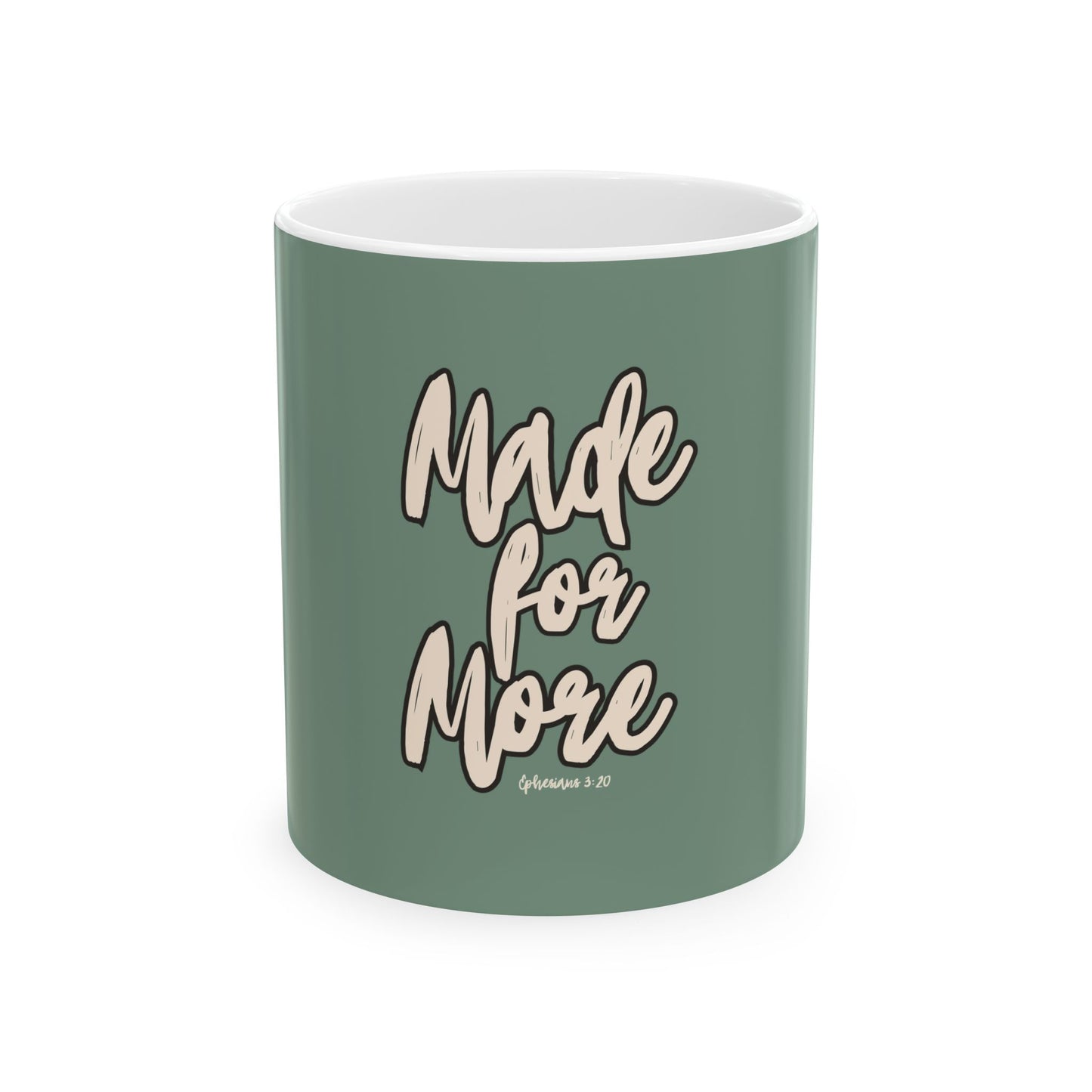 Green mug with 'Made for More' text on a white background
