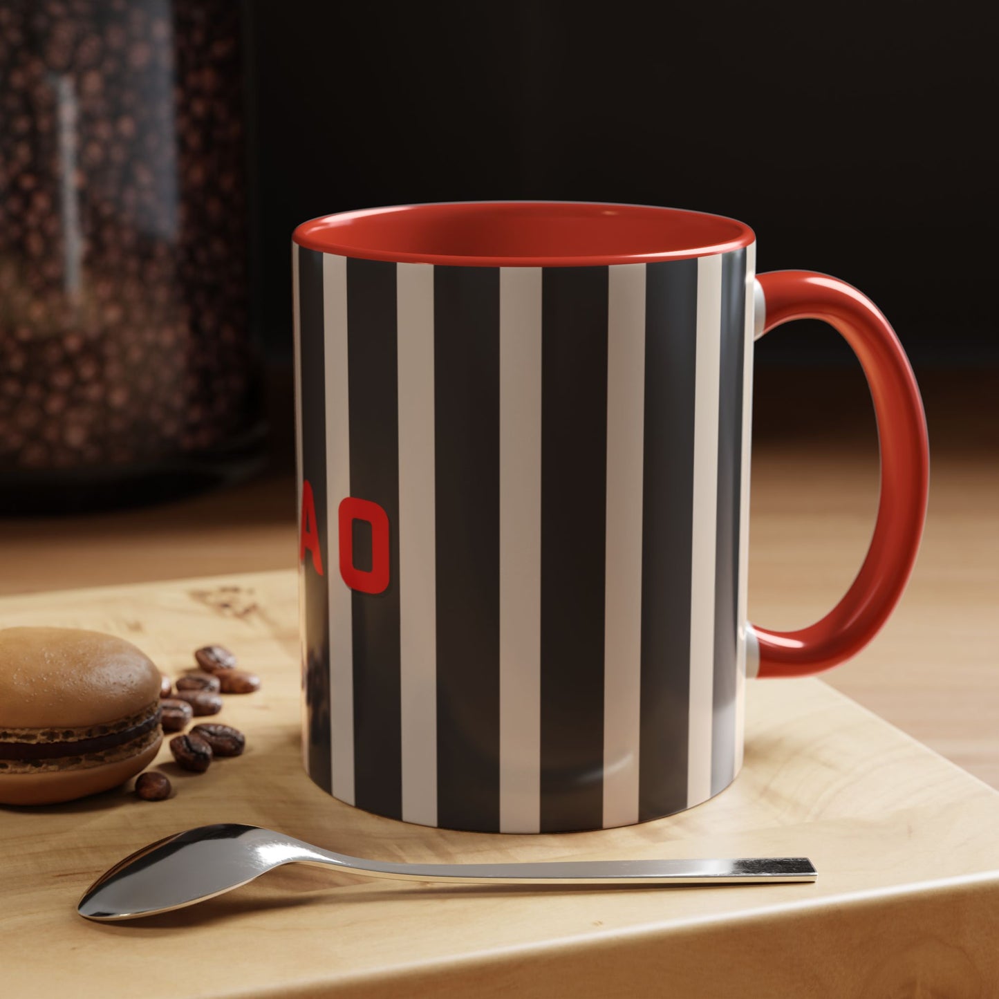 Ciao Accent Coffee Mug, BLACK | Black/White Striped Ceramic Cup