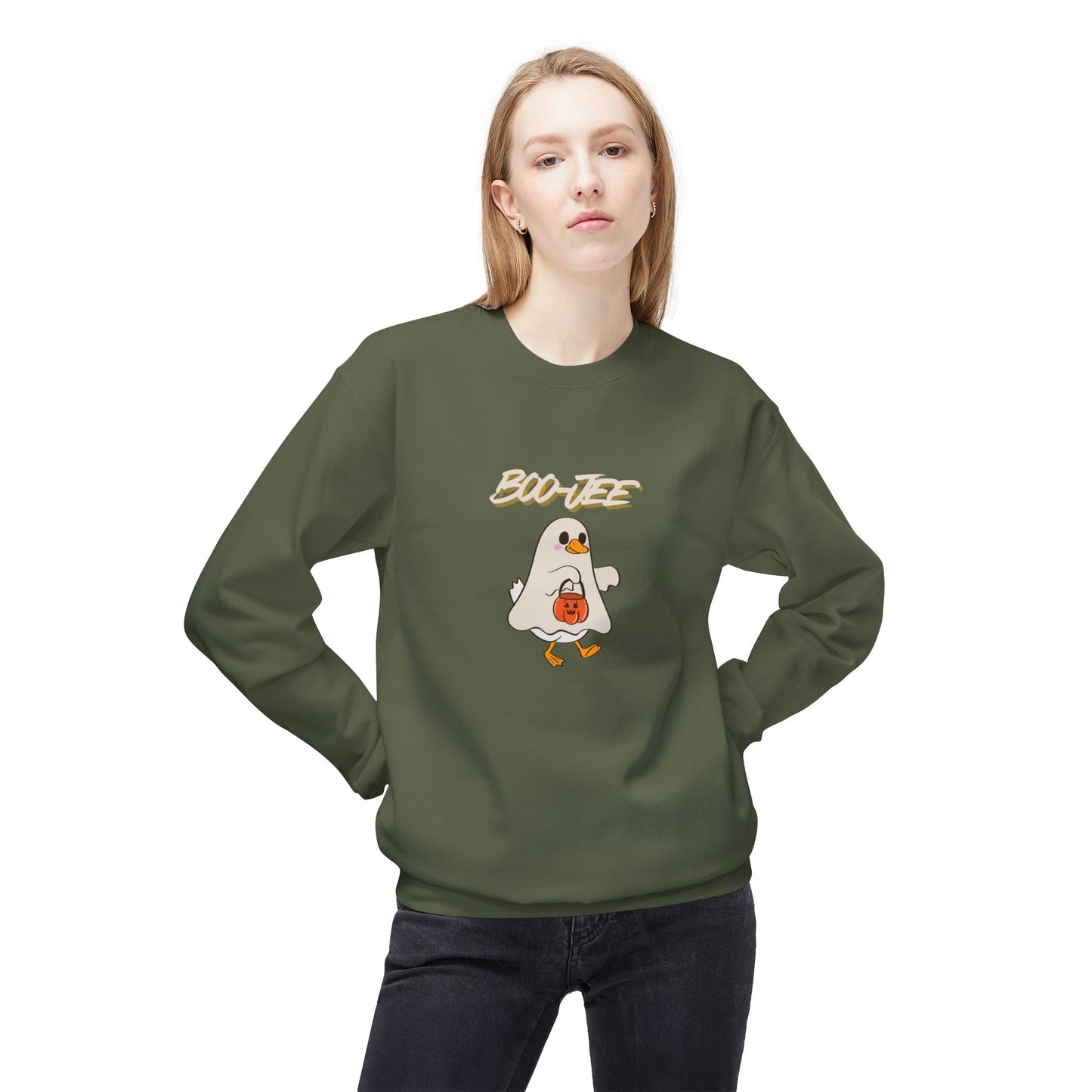Person wearing a green Halloween sweatshirt with a ghost graphic and 'BOO-TEE' text on a white background