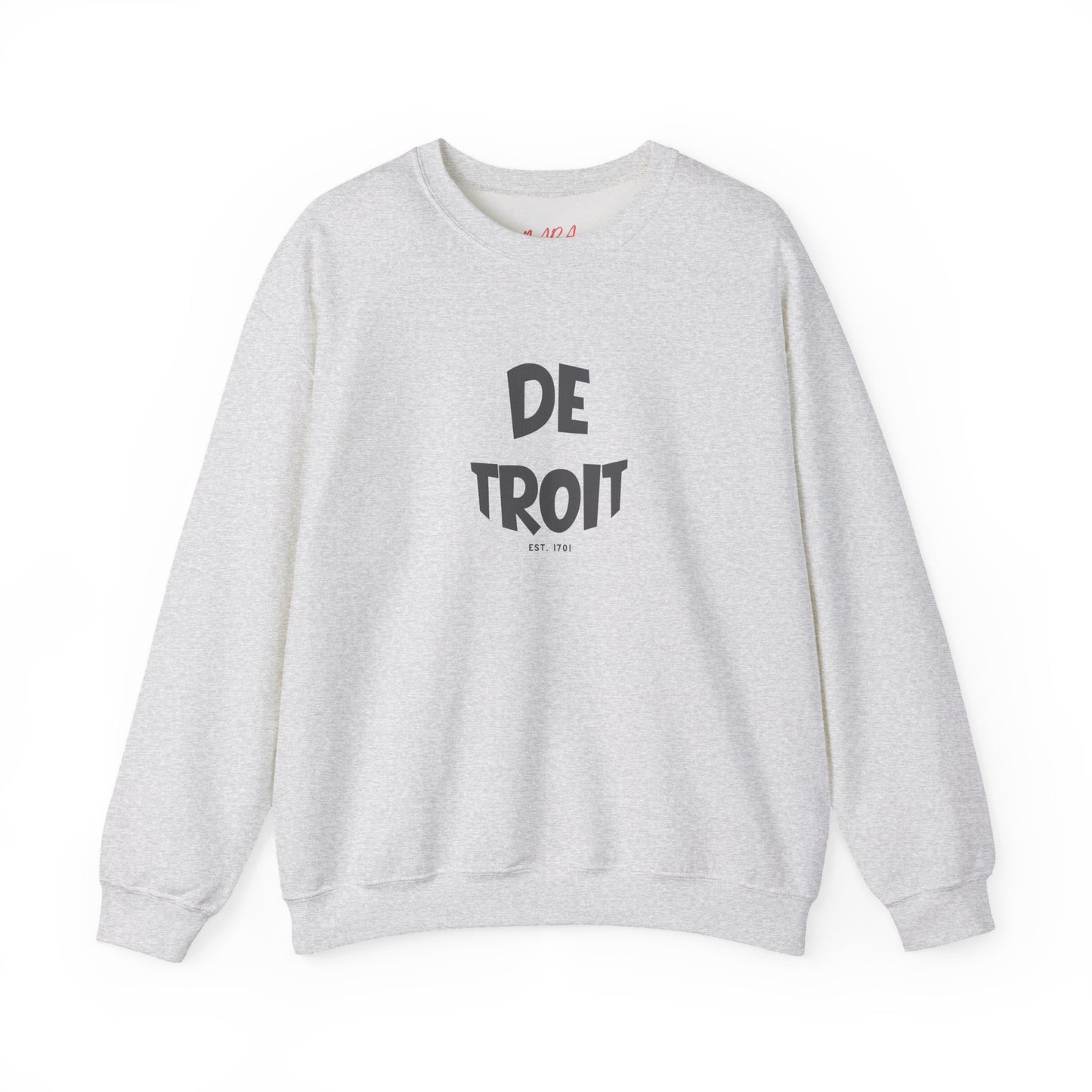 Gray sweatshirt with 'DETROIT' text on a white background