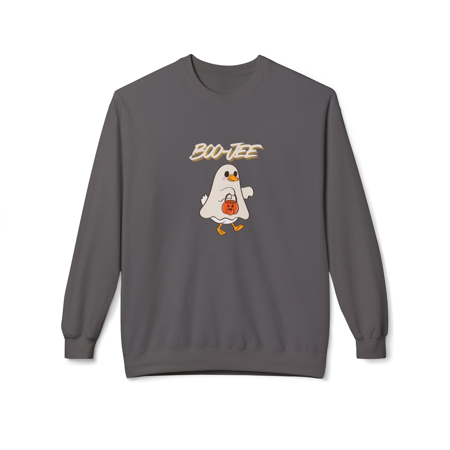 Gray sweatshirt with a ghost graphic and 'BOO-EE' text on a white background