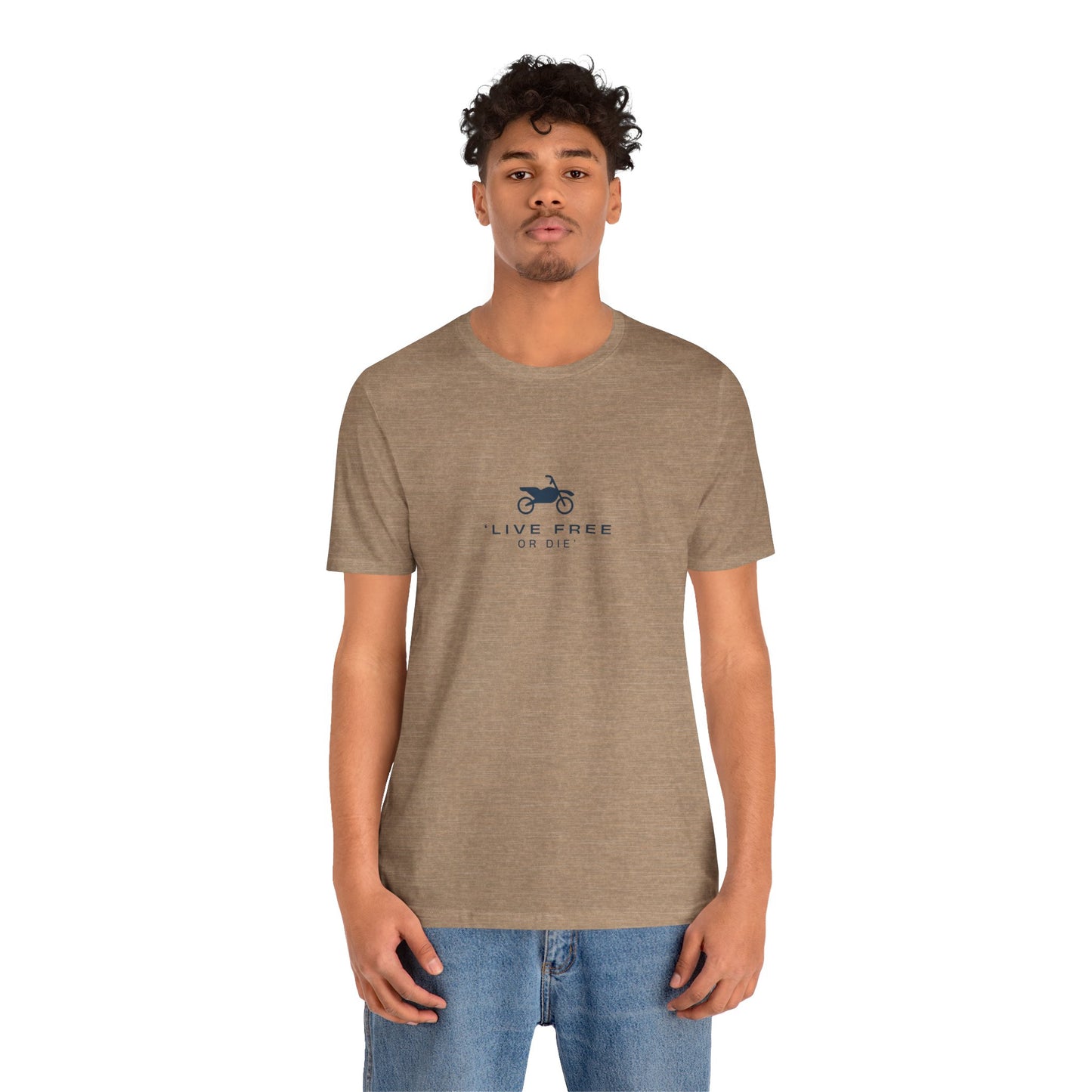 Man wearing a brown t-shirt with a logo and text on a white background